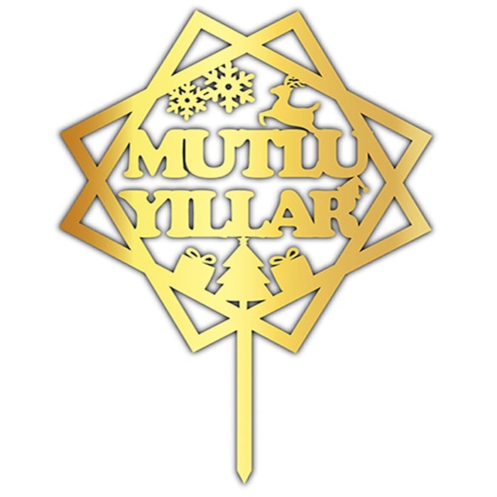 Pleksi Mutlu Yıllar Pasta Süsü Gold