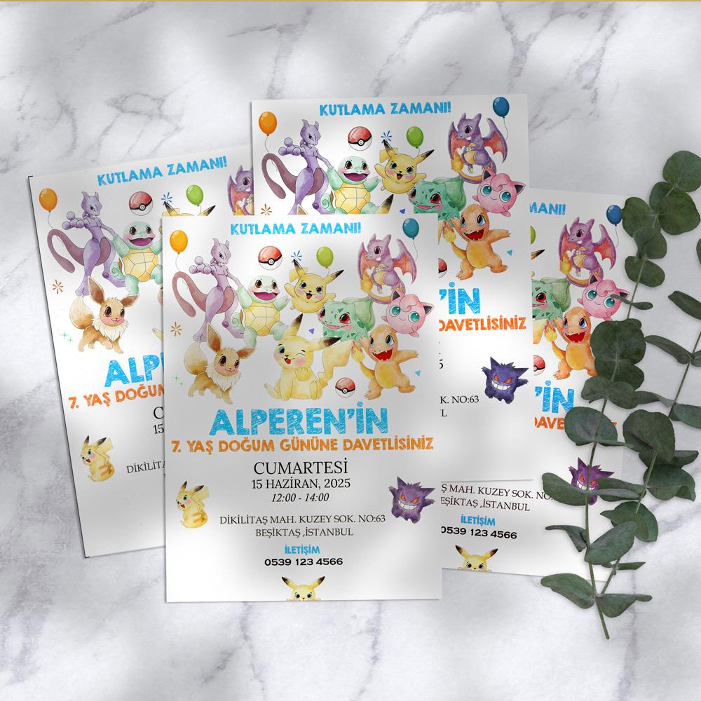 Pokemon Temalı Doğum Günü Davetiyesi 8'li