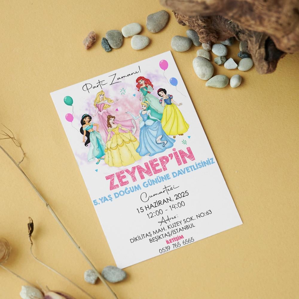 Prensesler Temalı Doğum Günü Davetiyesi 8'li