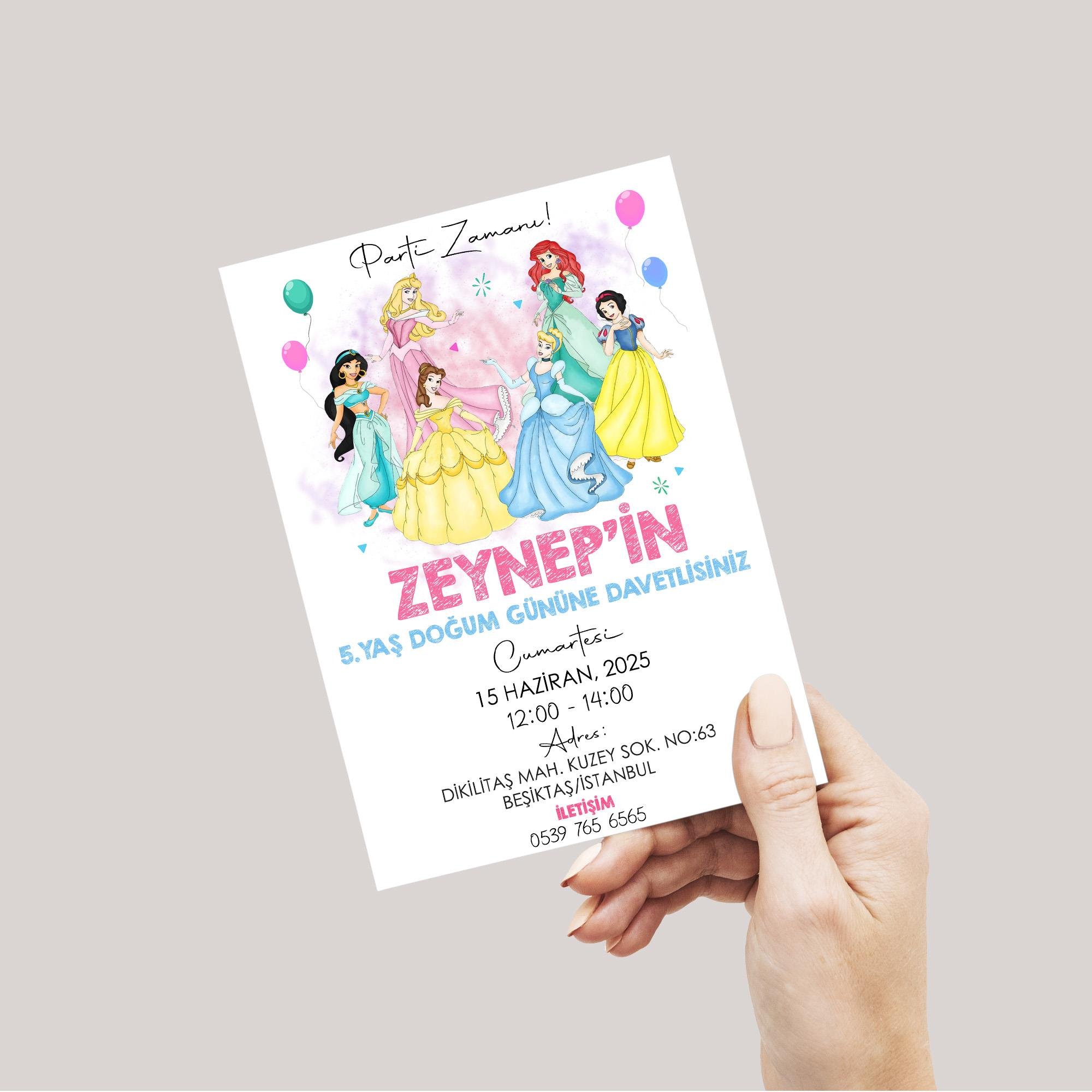 Prensesler Temalı Doğum Günü Davetiyesi 8'li