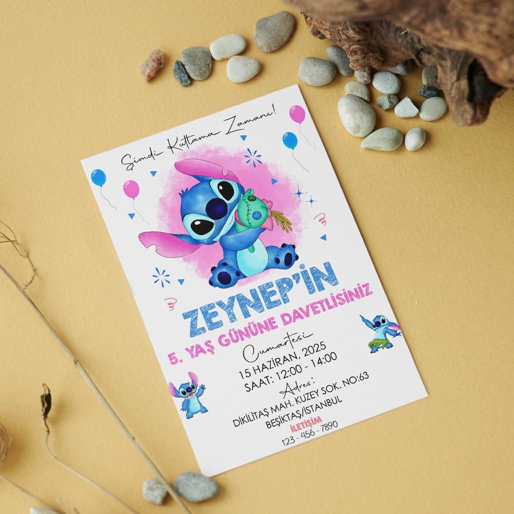 Stitch Temalı Doğum Günü Davetiyesi 8'li