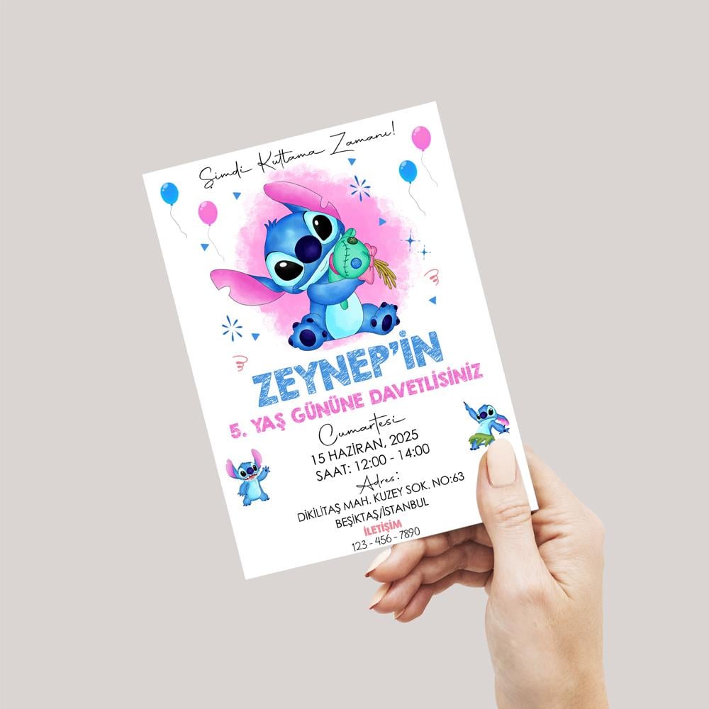 Stitch Temalı Doğum Günü Davetiyesi 8'li