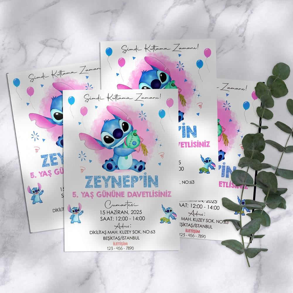 Stitch Temalı Doğum Günü Davetiyesi 8'li