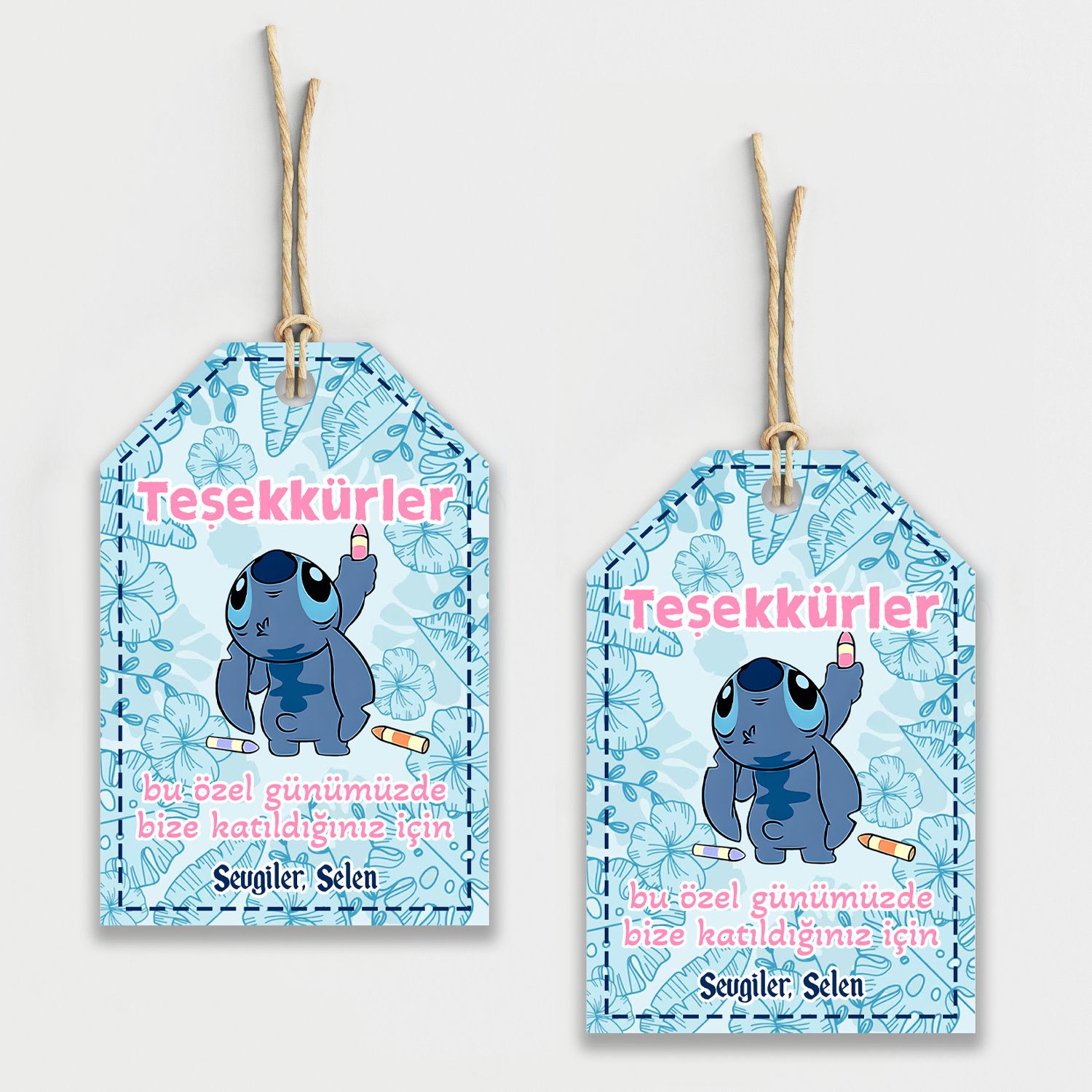 Stitch Temalı Kişiye Özel Teşekkür Kartı 8'li