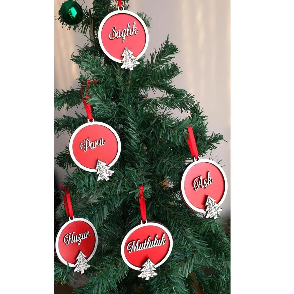 Yeni Yıl Dilekleri Ahsap Yılbaşı Ağaç Süsü 5 Adet