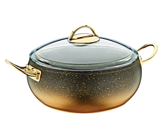 OMS PASLANMAZ 3141 - 2 Parça, Biogranit, Isıya Dayanıklı Kapaklı, 24x10,5 Cm - 4,5 Litre- Gold Gövde, Gold DetayTencereler
