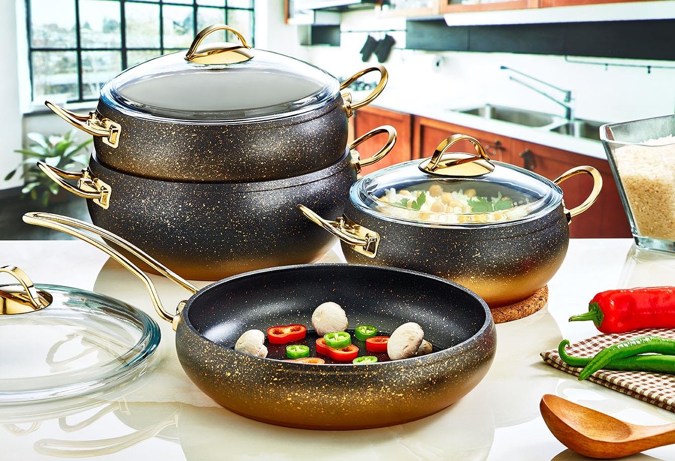 Oms 3023 Grani̇t 7 Parça Tencere Seti Cam KapakTencere Setleri