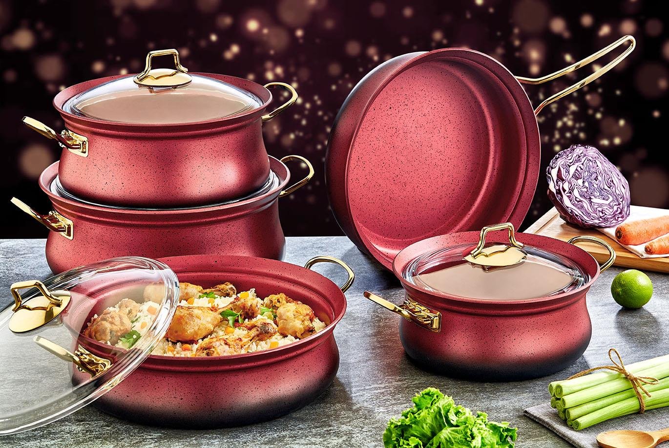 Oms 3045 Granit 9 Parça Bakraç Tencere Seti KırmızıTencere Setleri