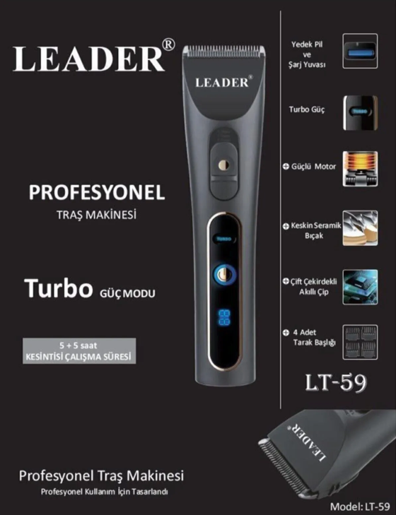 Leader Profesyonel Turbo Güç Modlu Şarj Göstergeli Çift Bataryalı Saç Sakal Ense Tıraş Makinesi Lt-59Küçük Ev Aletleri