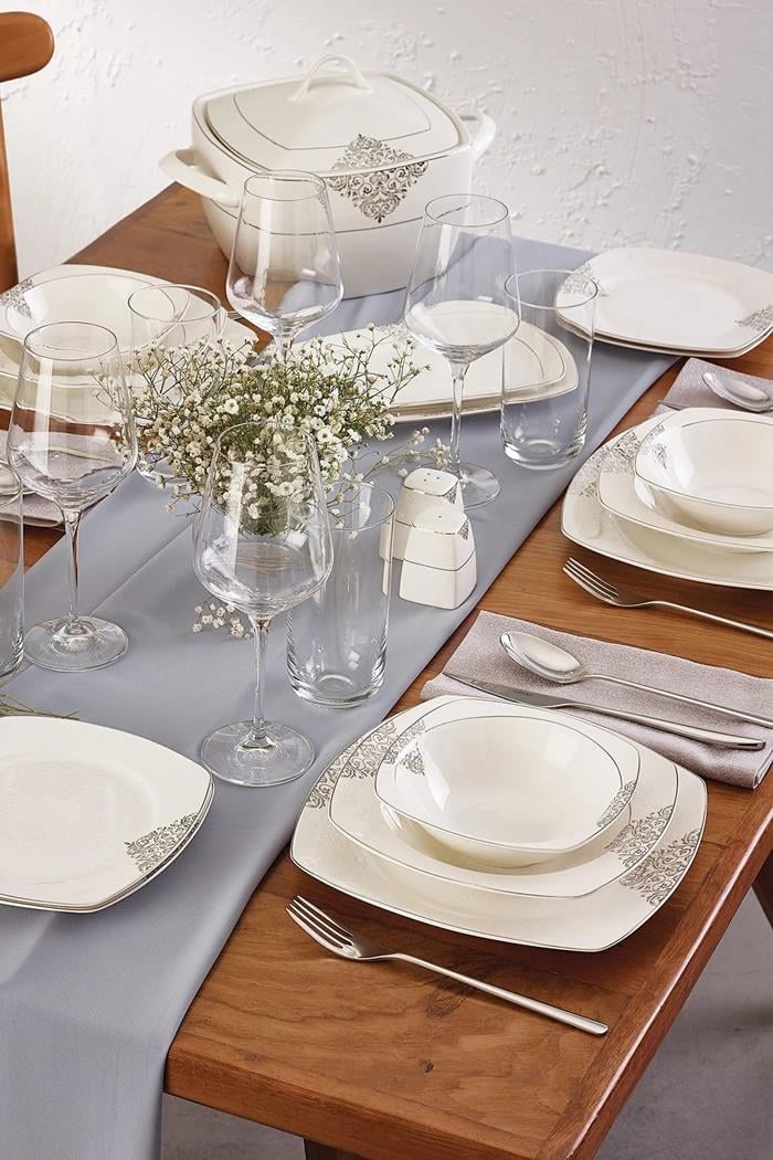 Emsan Yasemin 60 Parça 12 Kişilik Porselen Yemek Takımı PlatinYemek Takımları