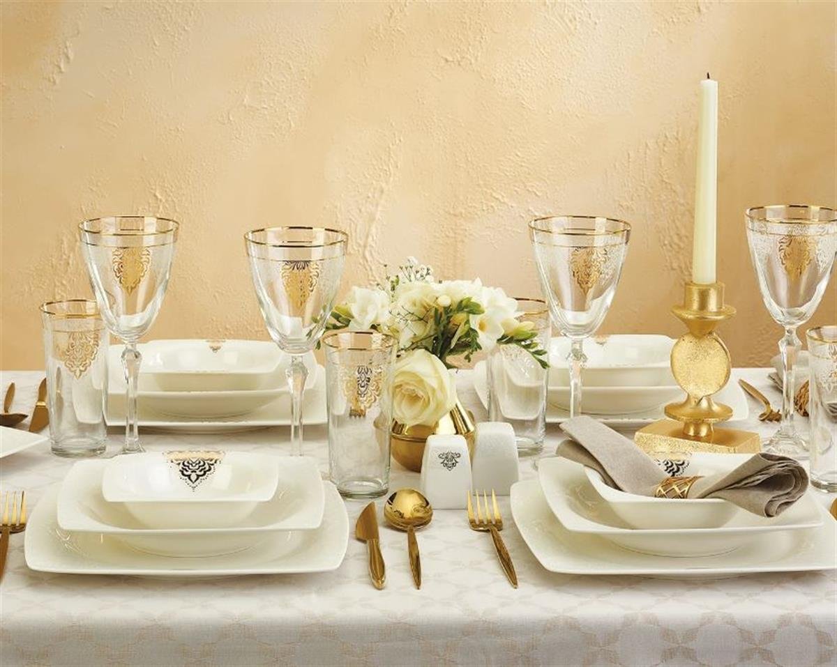 Emsan Fine Bone Fiore Yemek Takımı 61 Prç Gold Kare Yemek Takımları