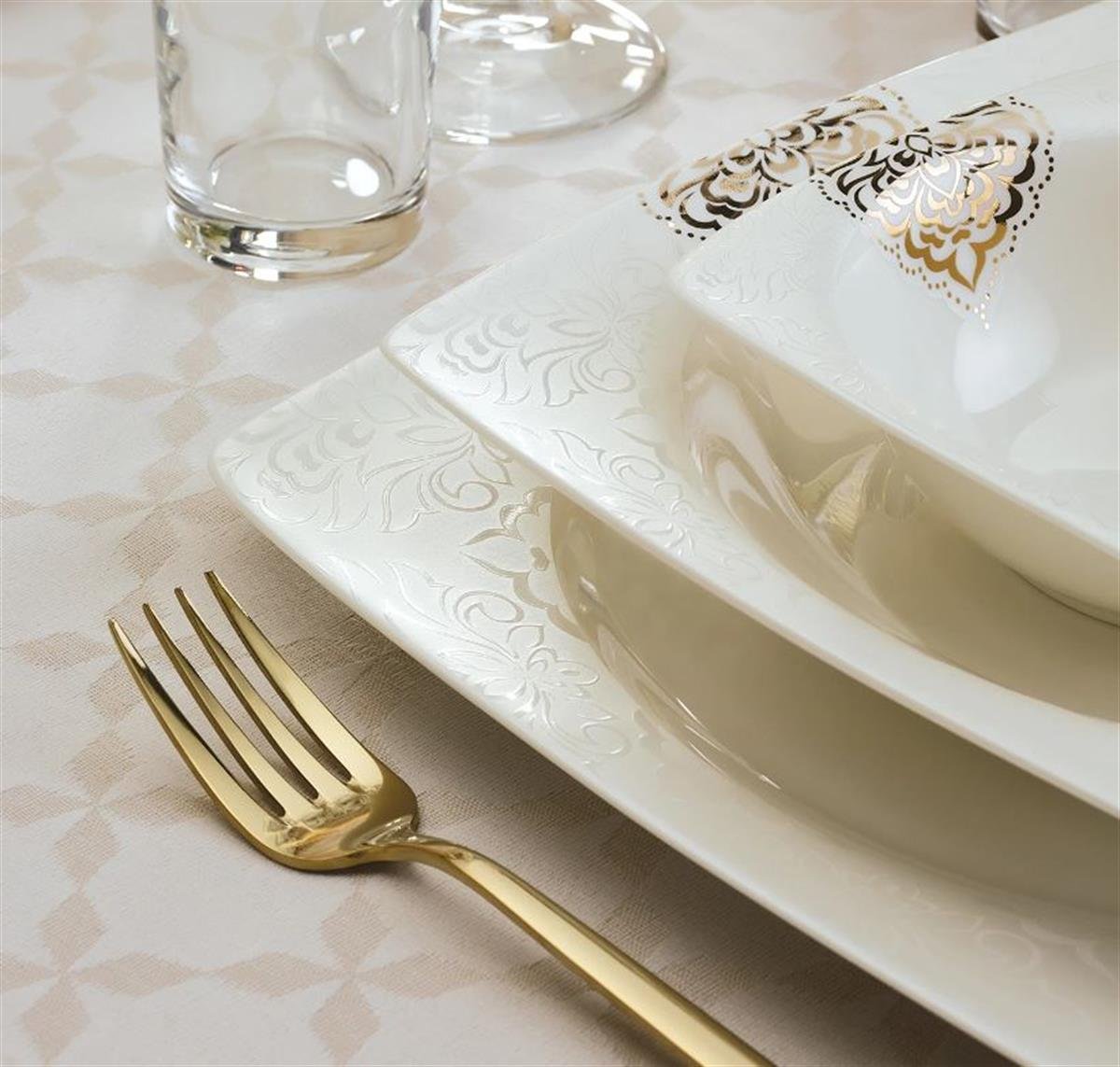 Emsan Fine Bone Fiore Yemek Takımı 61 Prç Gold Kare Yemek Takımları