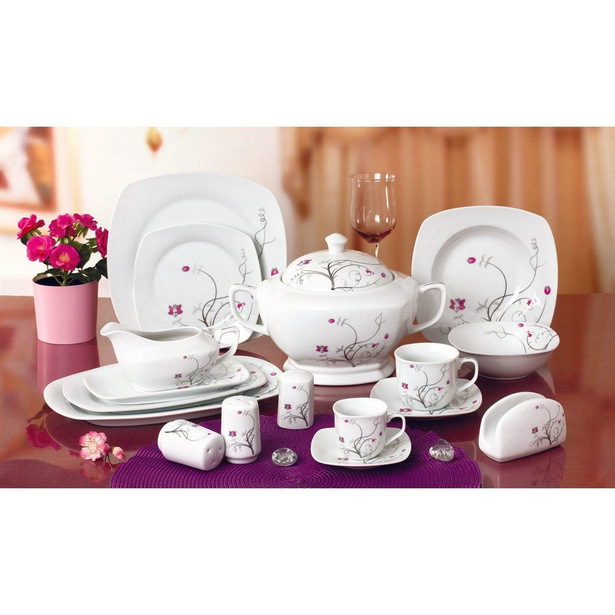 Nıce 86 Parça 12 Kişilik Kare Porselen Yemek TakımıYemek Takımları