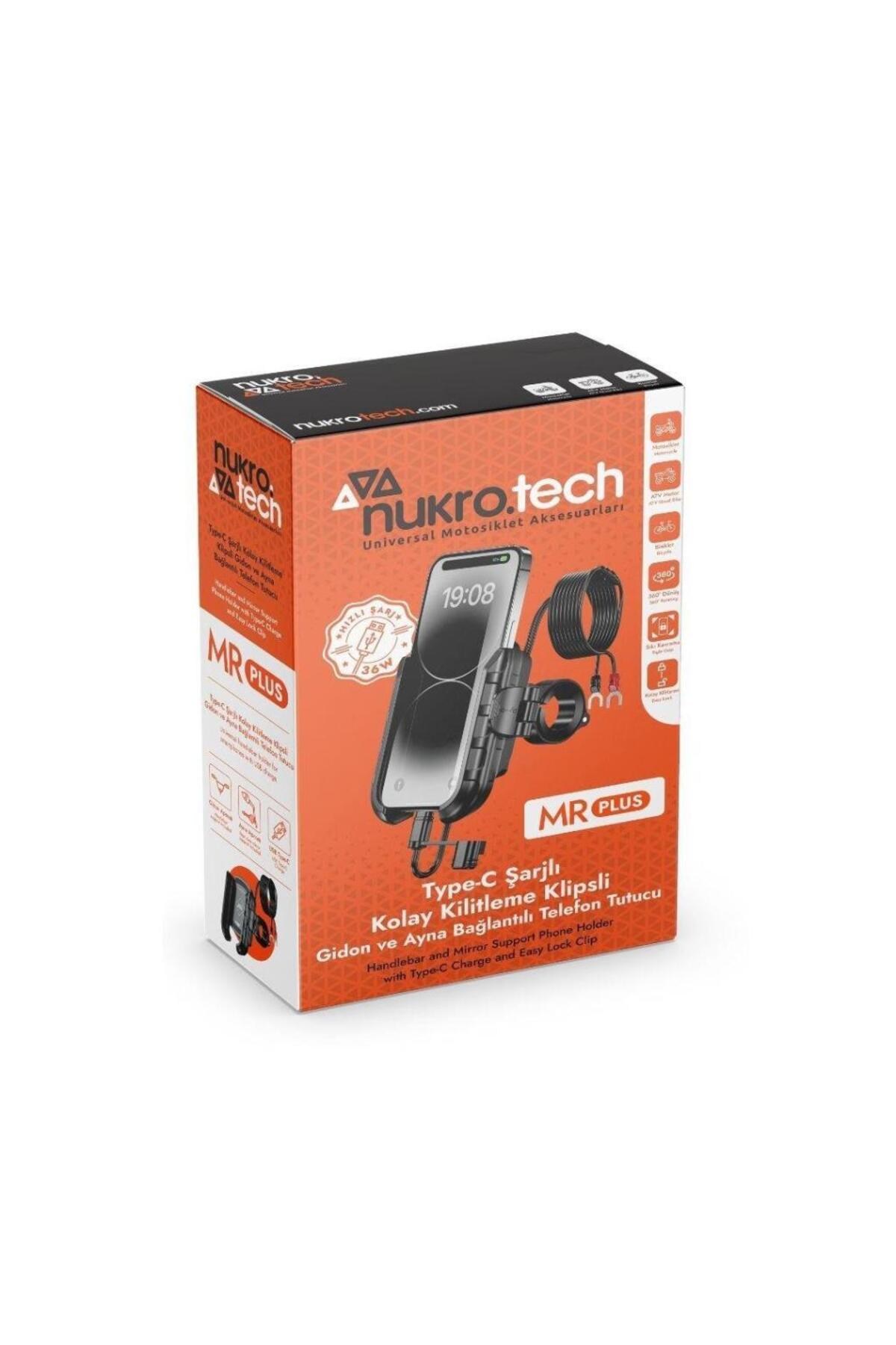 Motosiklet Teçhizat TutucuMR PLUS USB-C Şarjlı Klipsli Motosiklet Telefon Tutucu