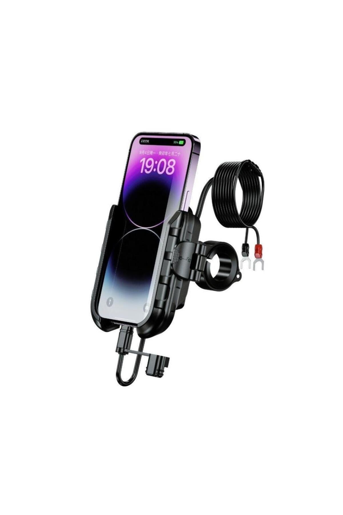 Motosiklet Teçhizat TutucuMR PLUS USB-C Şarjlı Klipsli Motosiklet Telefon Tutucu