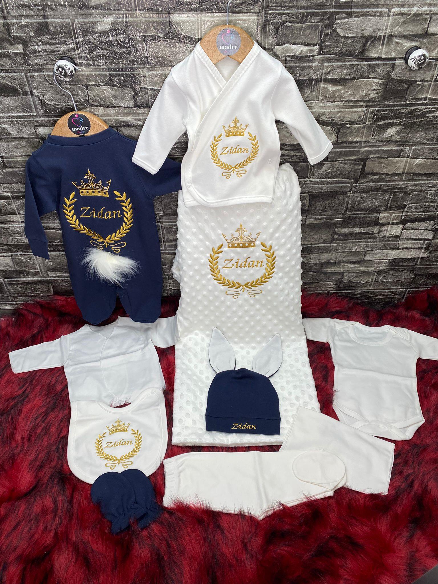 10 Lu hastane çıkışı isimli nohut battaniye tuğra desen altın sarısı renk işlemeli isme özel erkek bebek seti