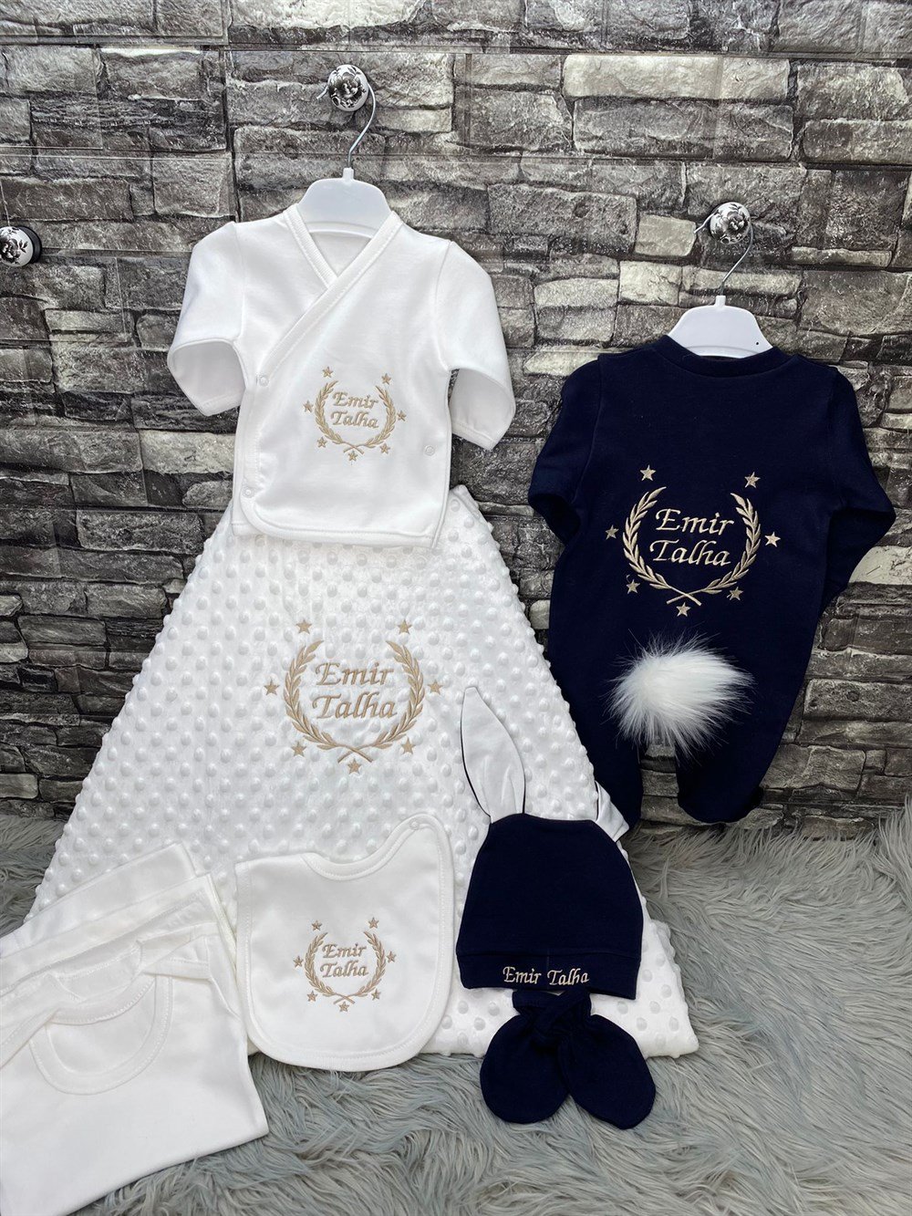 10 lu hastane çıkışı isme özel nohut battaniye yıldızlı başak desenli isimli erkek bebek seti