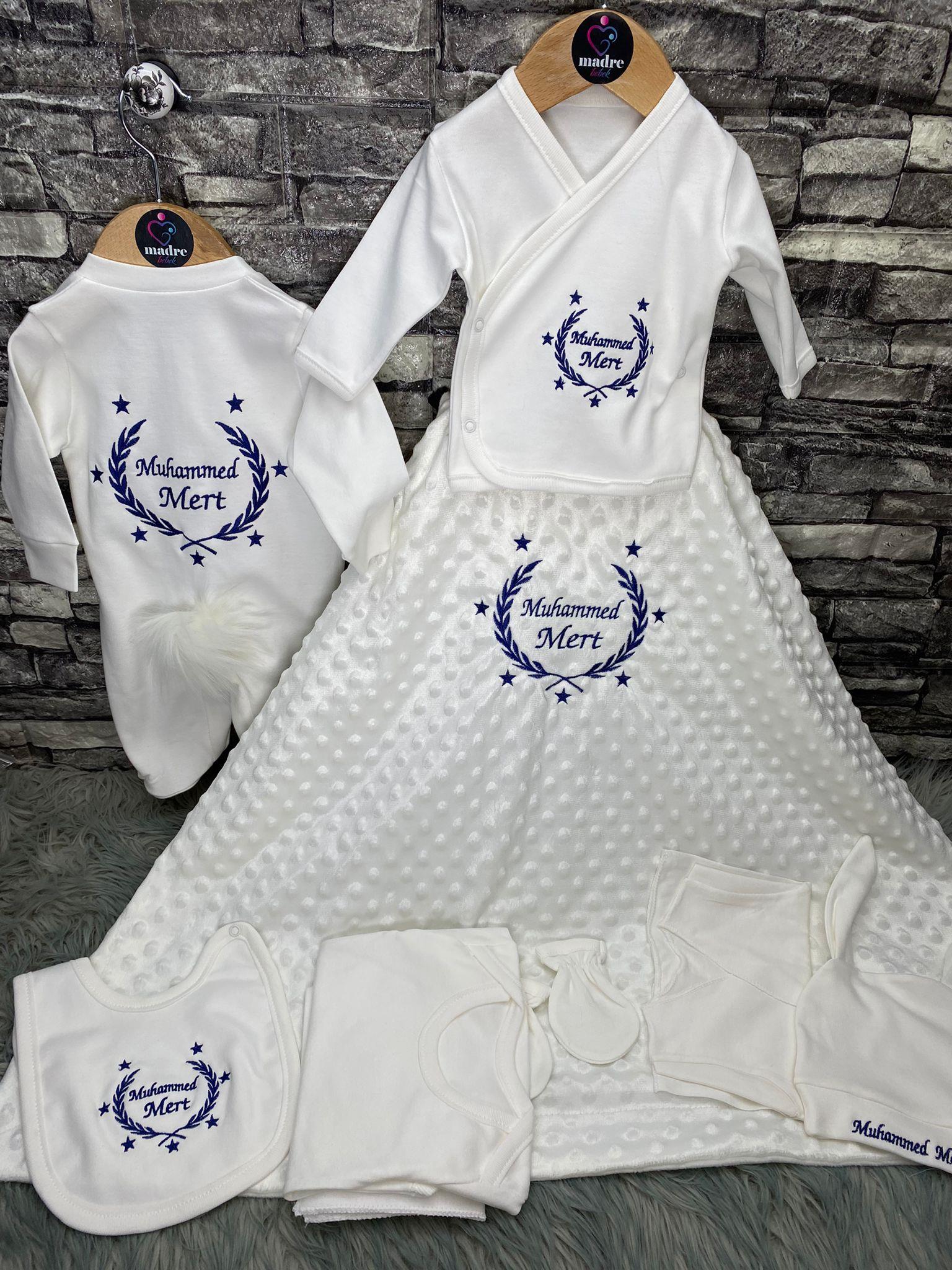 10 Lu hastane çıkışı ismi özel penye battaniyeli başak işlemeli isimli erkek bebek seti