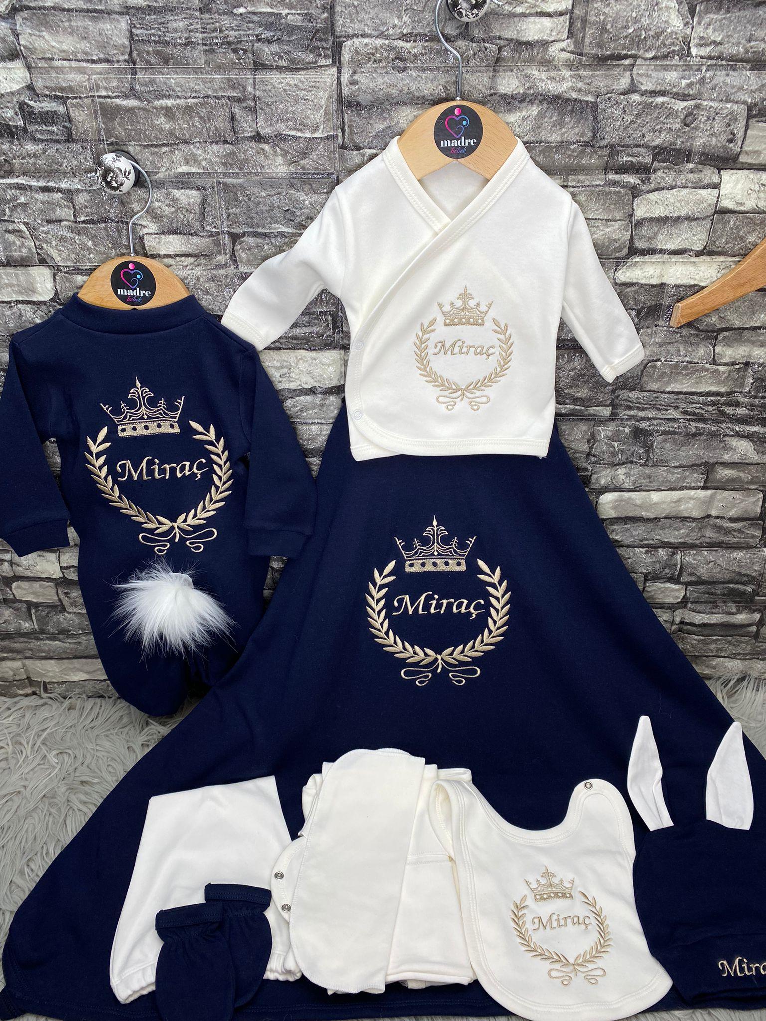 10 Lu Hastane çıkışı ismi özel penye battaniyeli taç desen nakış işlemeli erkek bebek seti