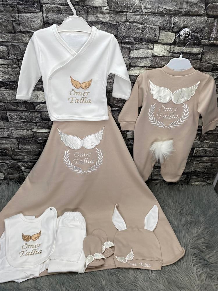 10lu hastane çıkışı isme özel penye battaniyeli çapa desenli isimli erkek bebek seti