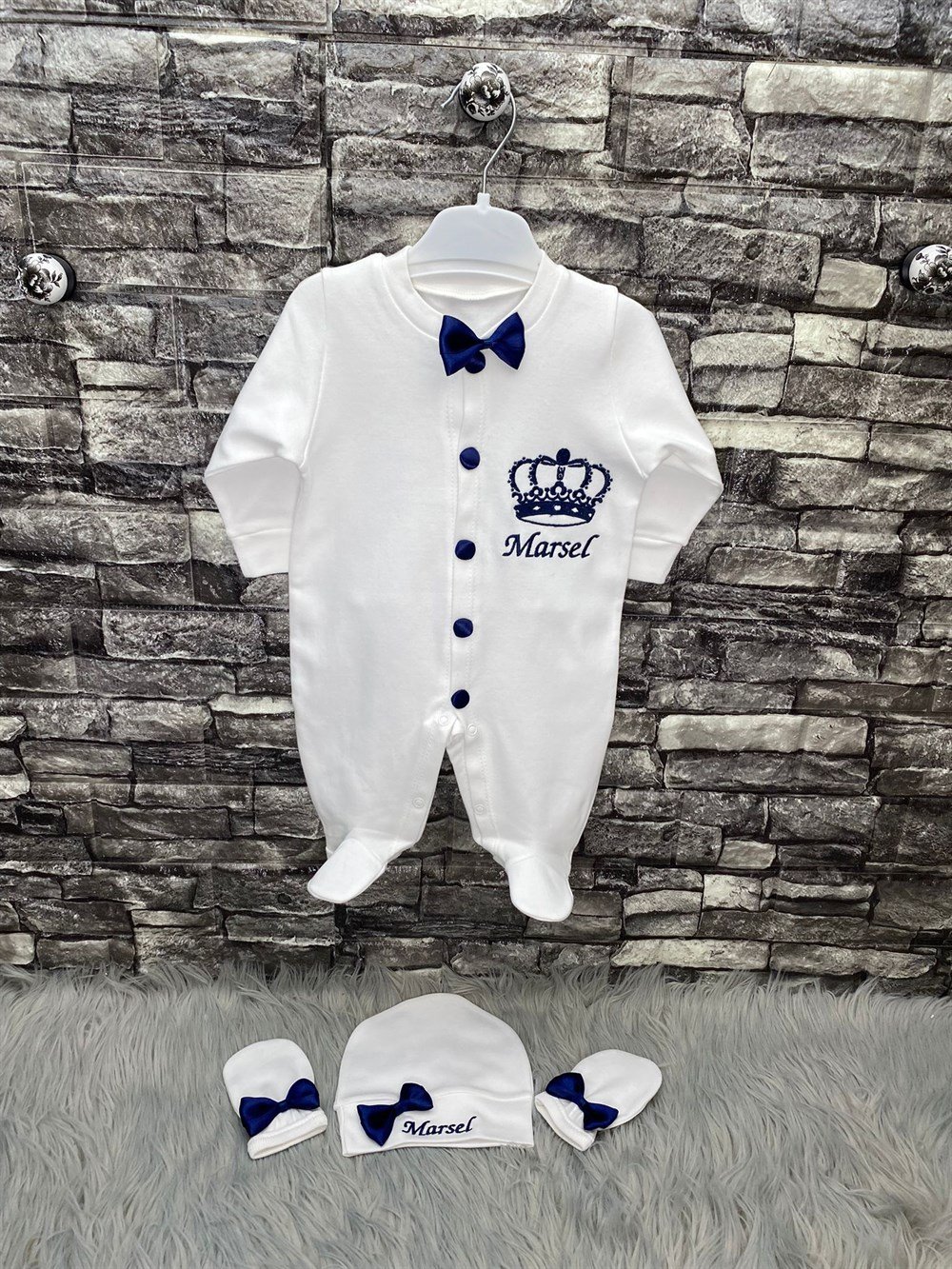 3 Lu Bebek tulum Seti Beyaz Renk İsimli Erkek Bebek Lacivert Nakış İşlemeli
