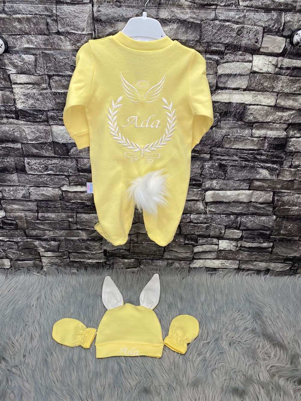 3Lu isme özel isimli tavşan tulum  isme özel erkek bebek seti