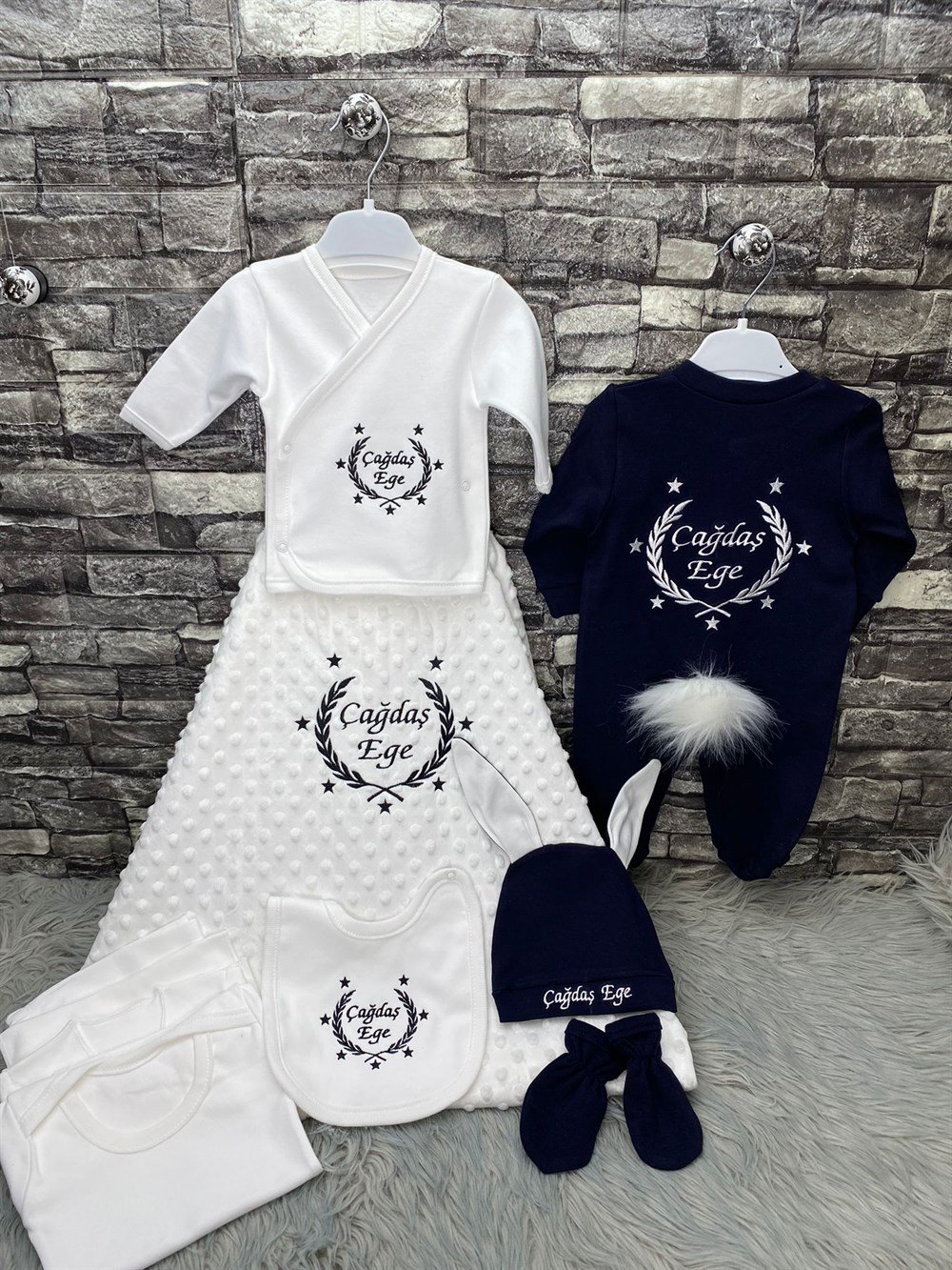 İsme Özel 10 Parça Nohut battaniyeli yıldız başak işlemeli erkek bebek isimli hastane çıkışı