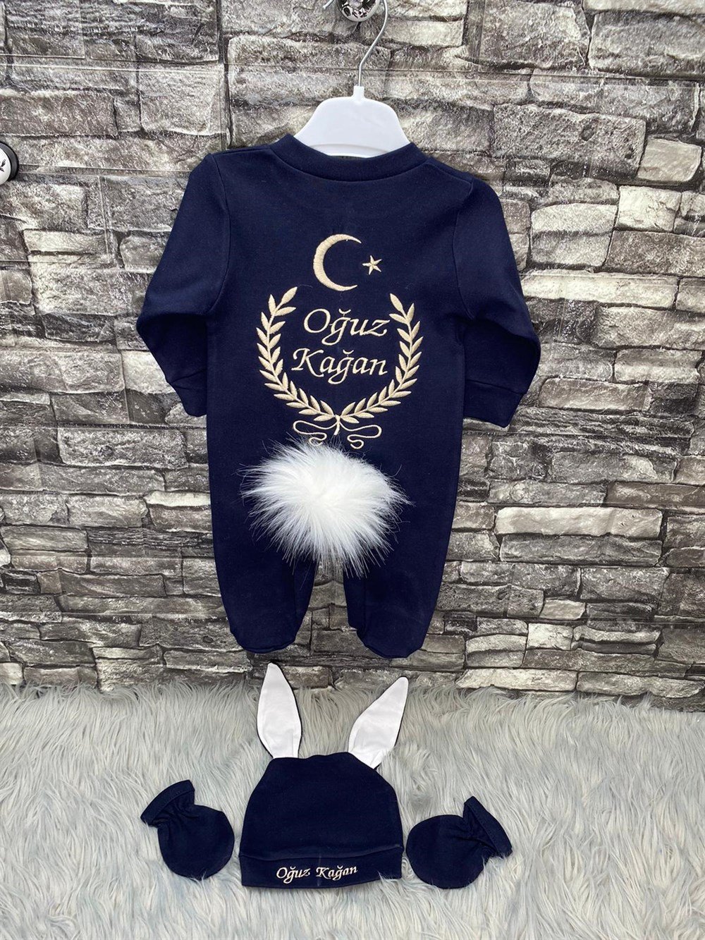İsme Özel Lacivert Renk Erkek Bebek Tavşan Tulum Sütlü Kahve İşlemeli