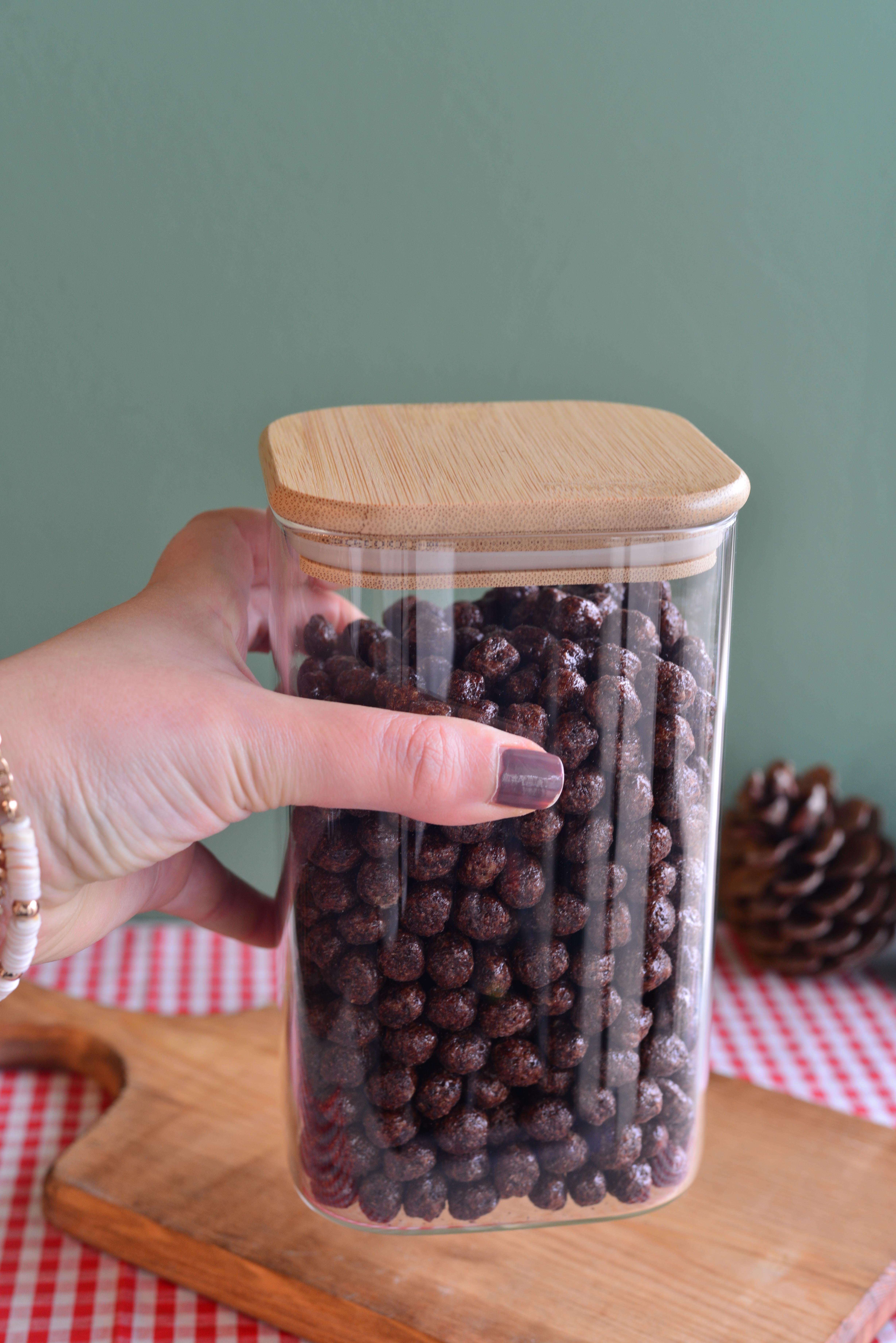 1200 ML Bambu Kapakli Cam Kare Kavanoz / 1  Adet