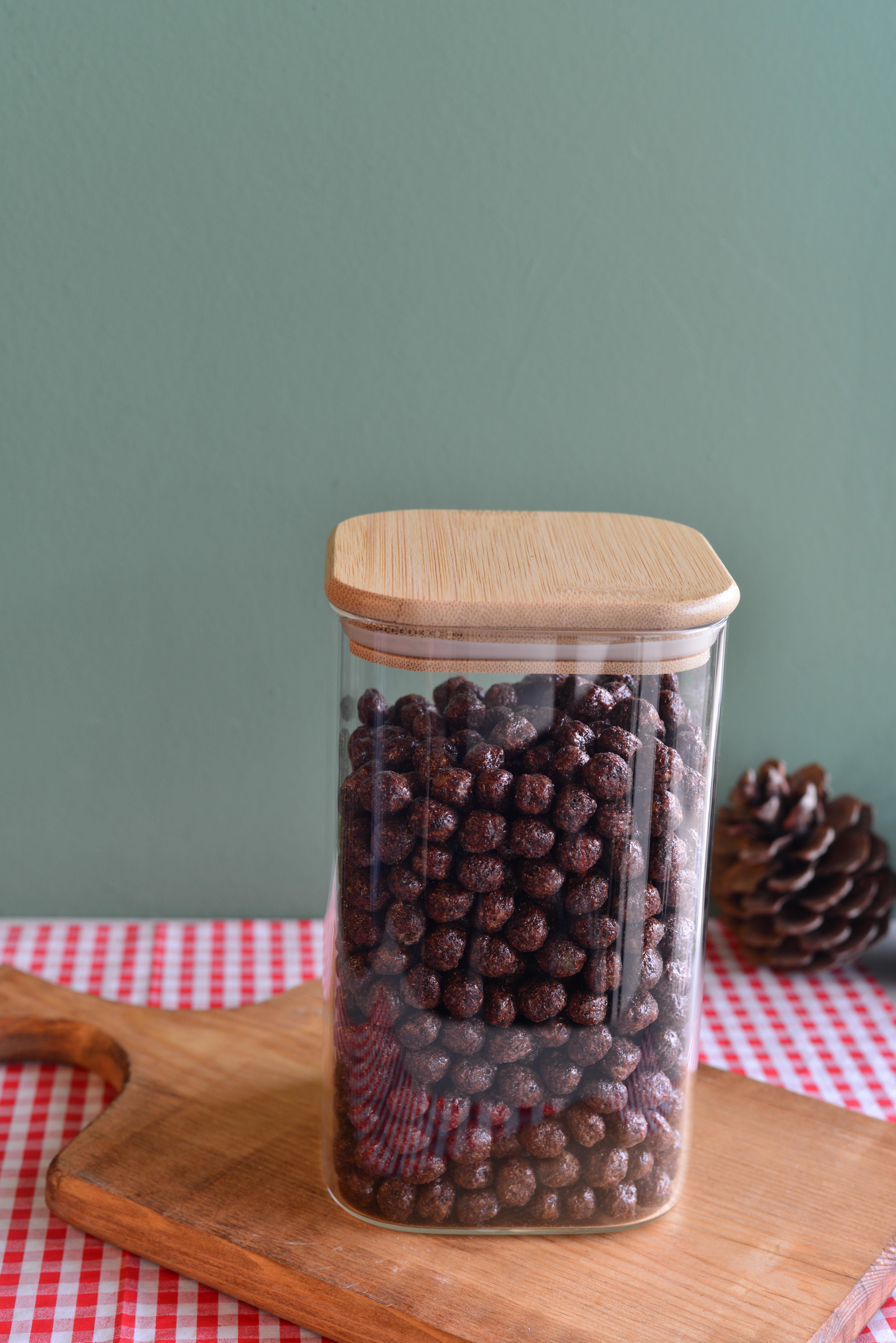 1200 ML Bambu Kapakli Cam Kare Kavanoz / 1  Adet