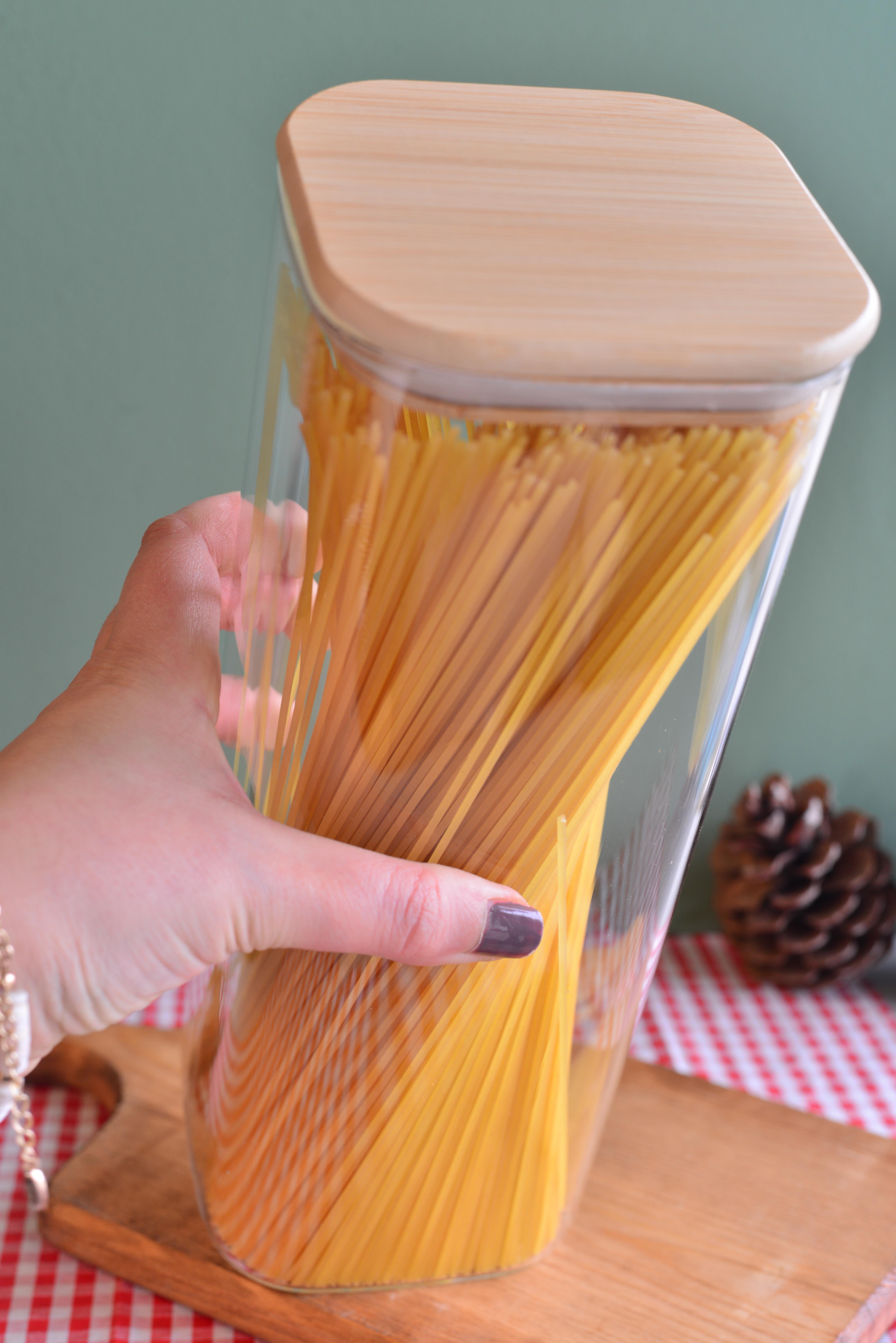 2400 ML Bambu Kapakli Cam Kare Kavanoz / 1  Adet