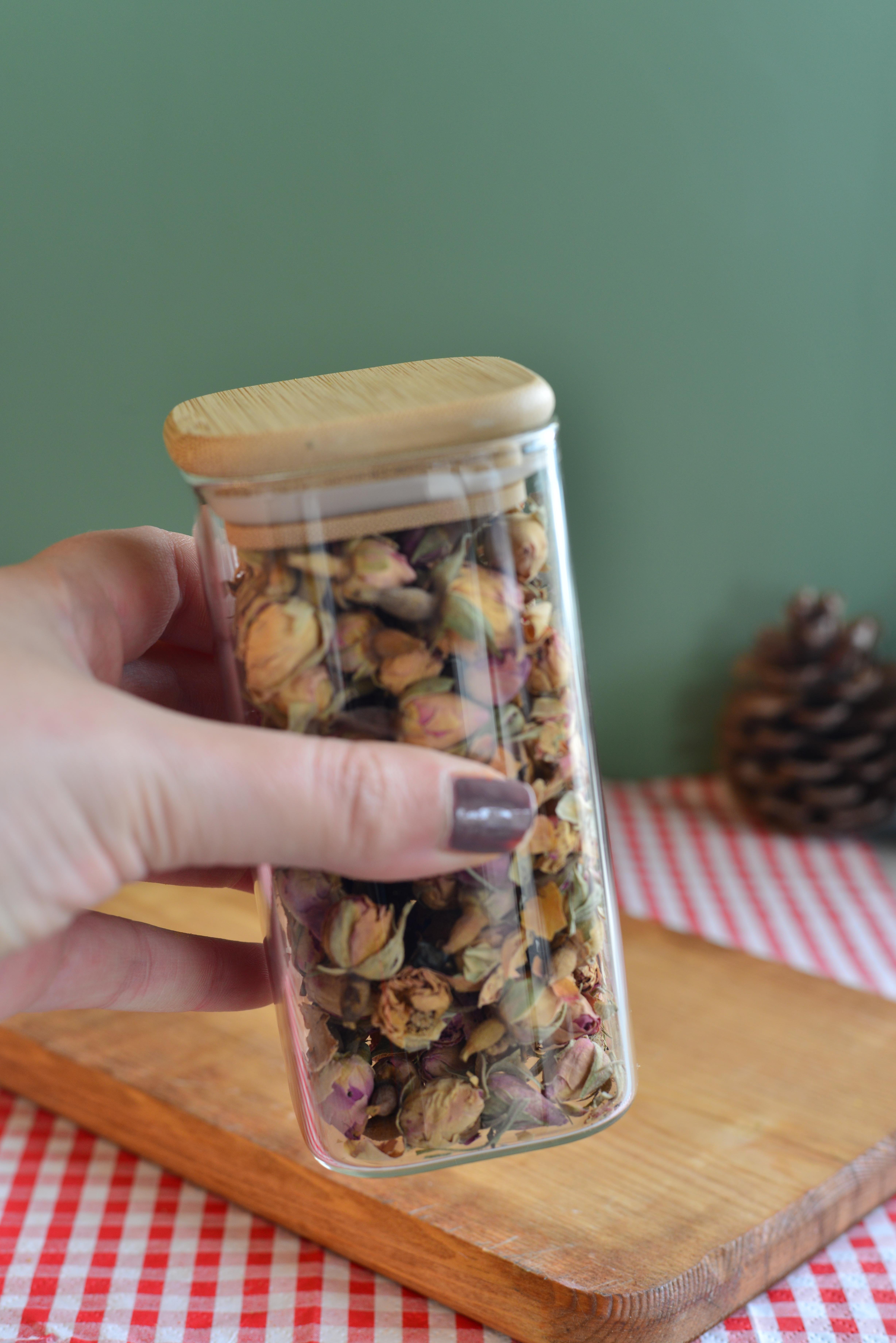 300 ML Bambu Kapakli Cam Kare Kavanoz / 1  Adet