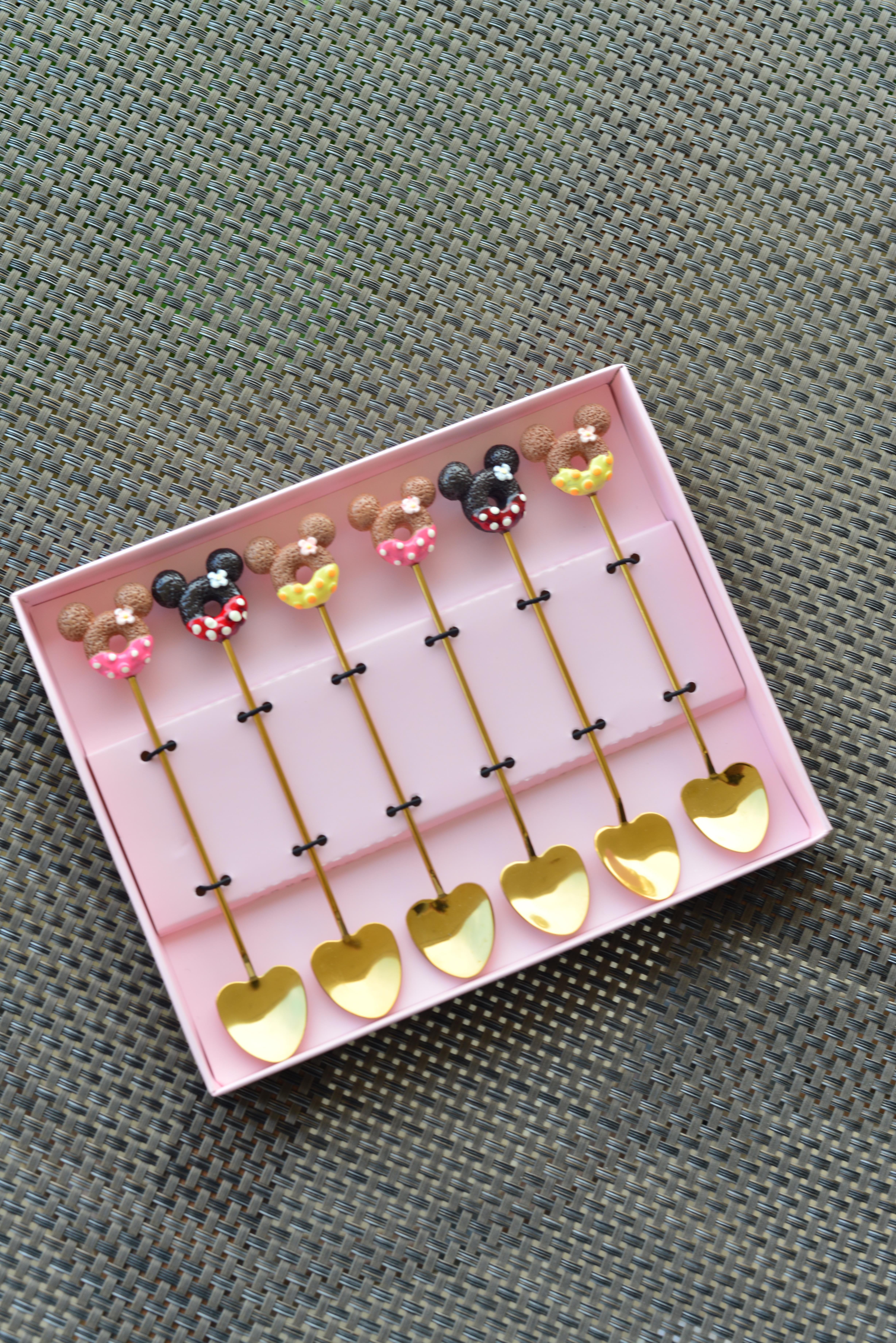 6 Lı Gold Kalpli Metal Çay / Nescafe Kaşığı / Mickey