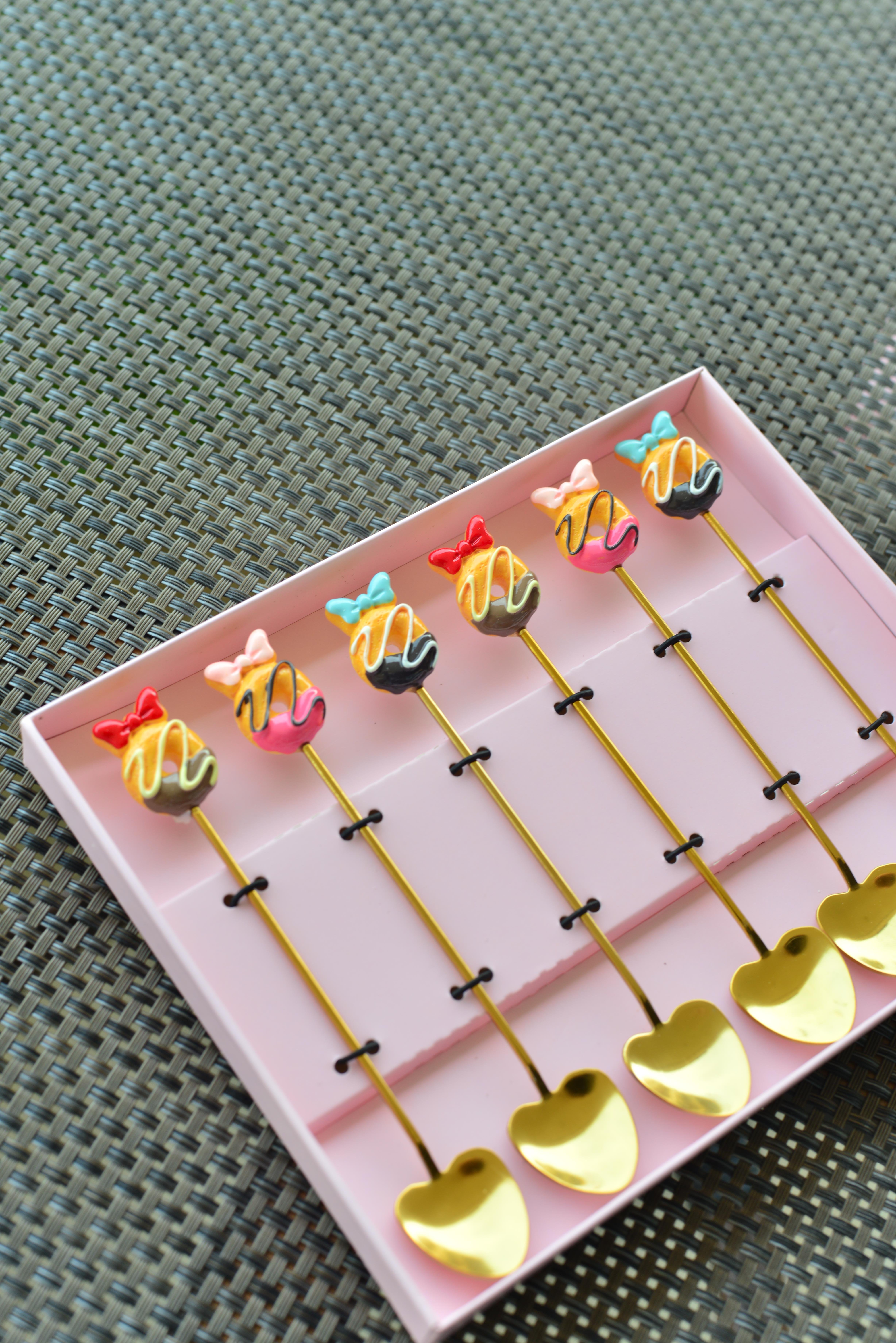 6 Lı Gold Kalpli Metal Çay / Nescafe Kaşığı / Fiyonk Donut