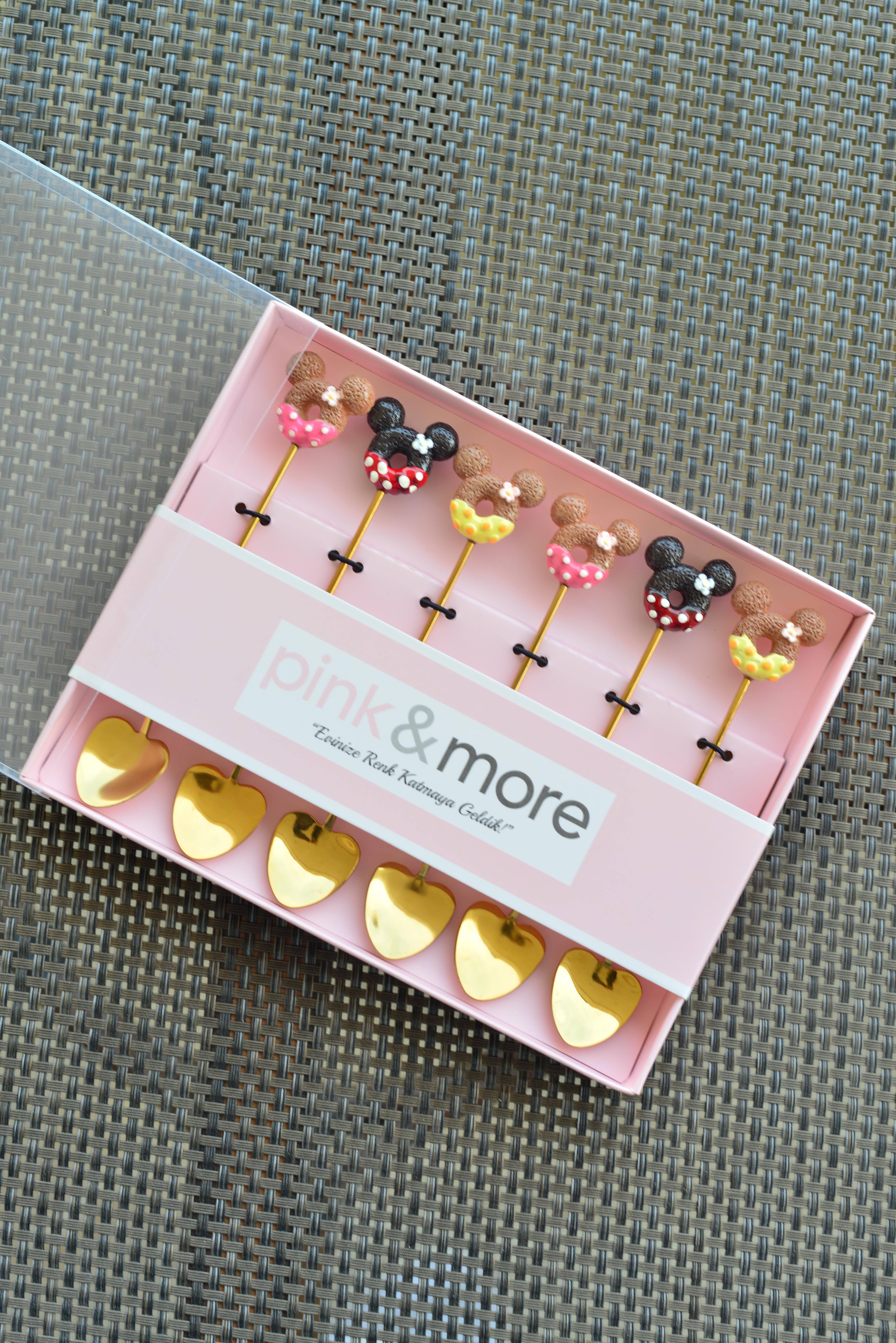 6 Lı Gold Kalpli Metal Çay / Nescafe Kaşığı / Mickey