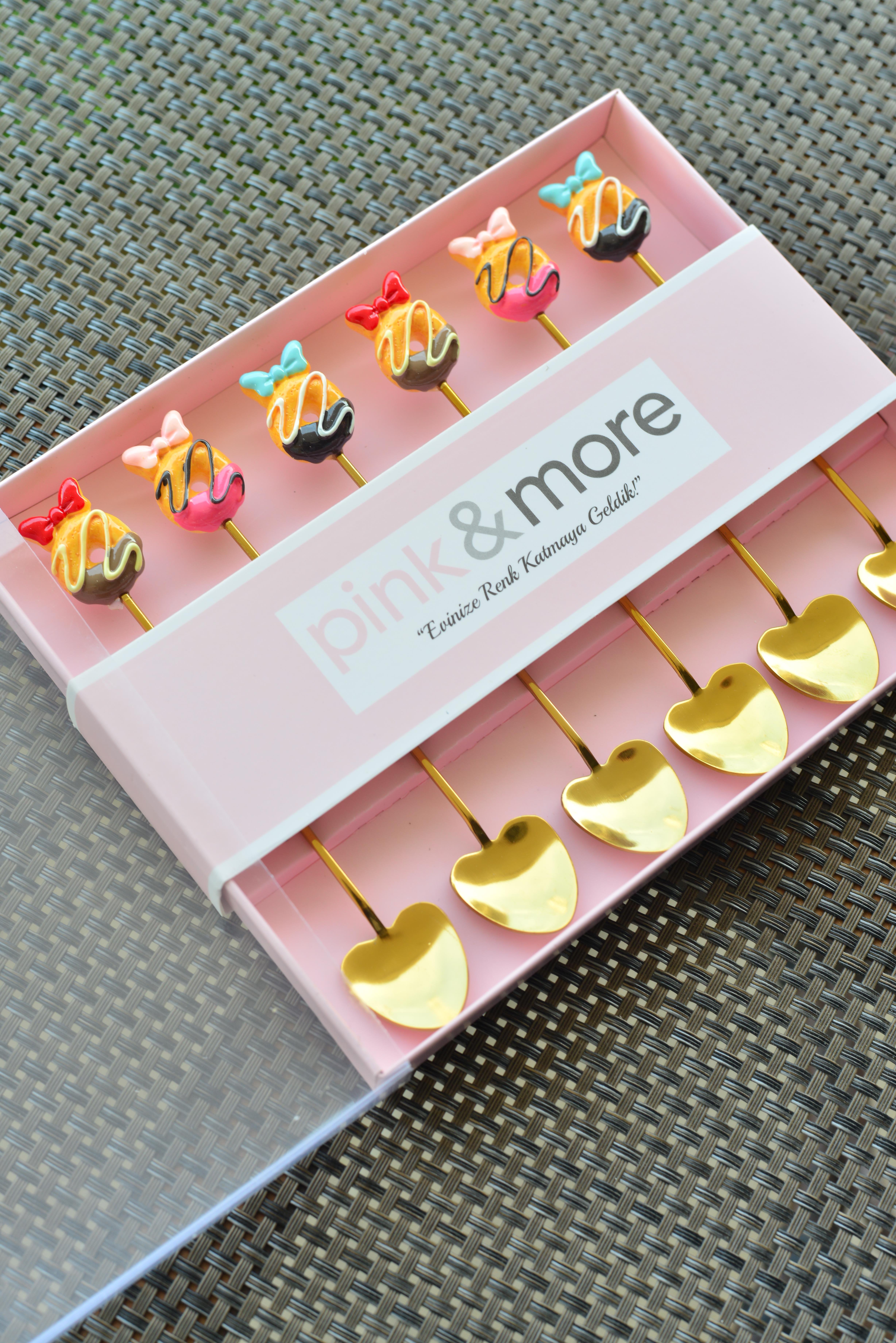 6 Lı Gold Kalpli Metal Çay / Nescafe Kaşığı / Fiyonk Donut