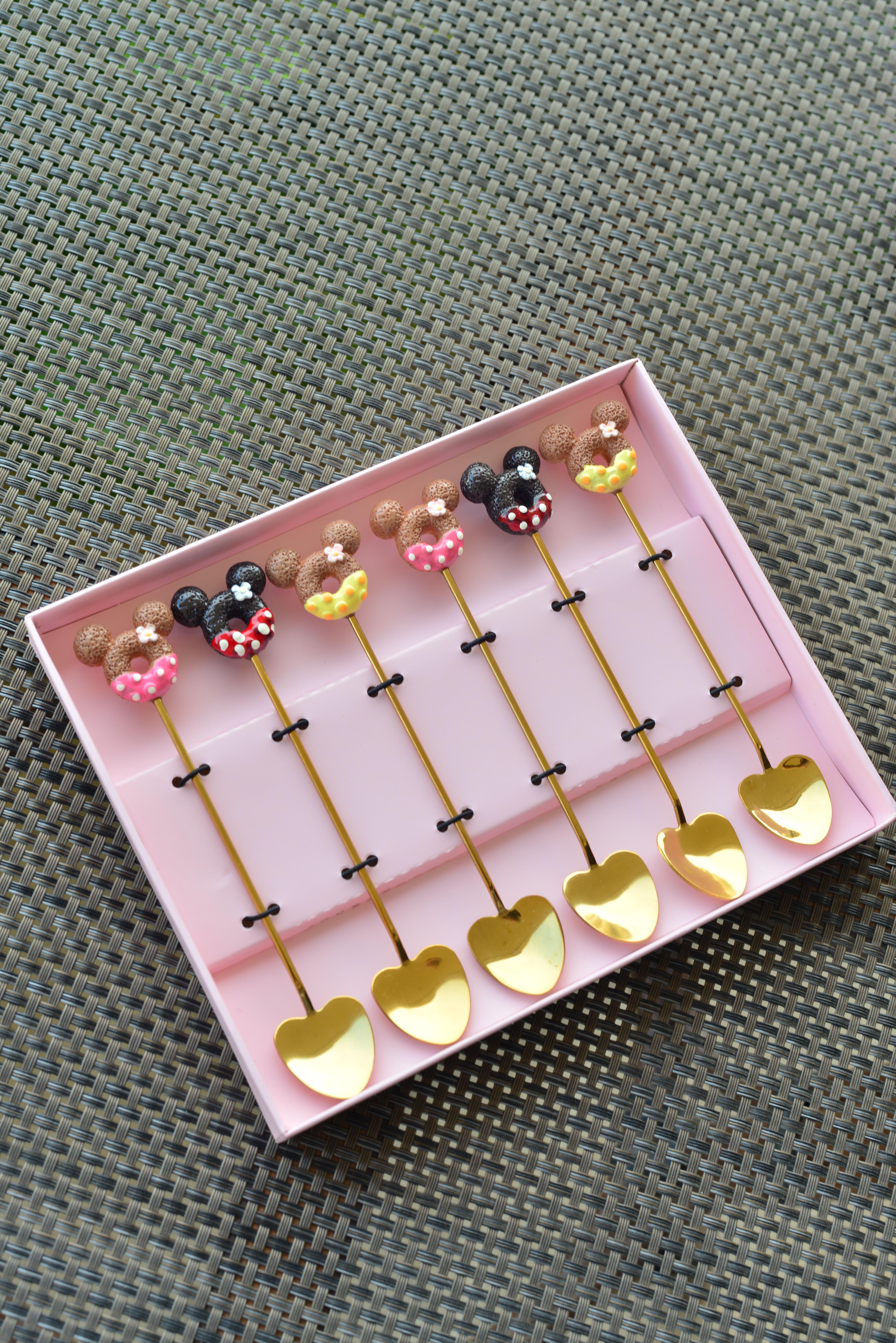 6 Lı Gold Kalpli Metal Çay / Nescafe Kaşığı / Mickey