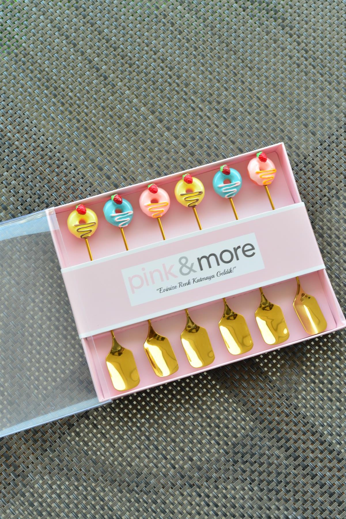 6 Lı Gold Metal Çay / Nescafe Kaşığı / Çilek Donut