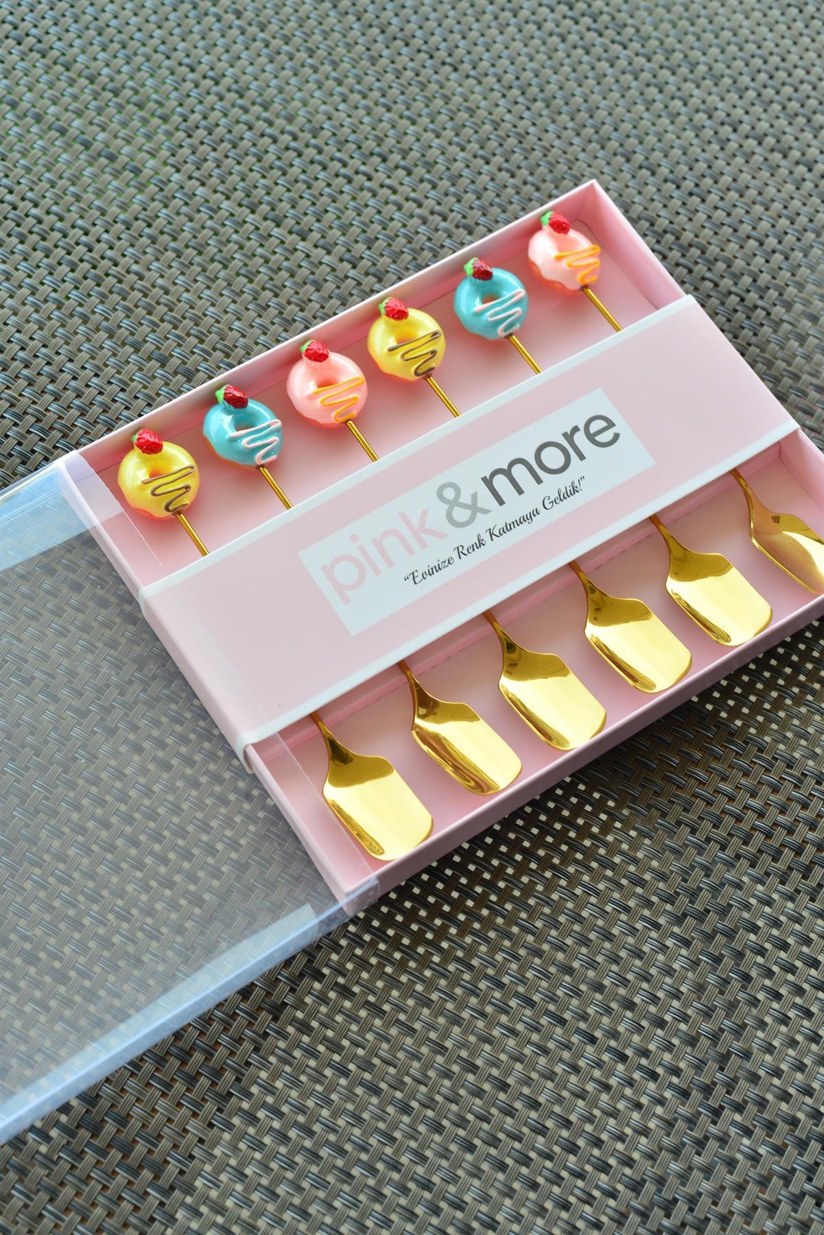 6 Lı Gold Metal Çay / Nescafe Kaşığı / Çilek Donut