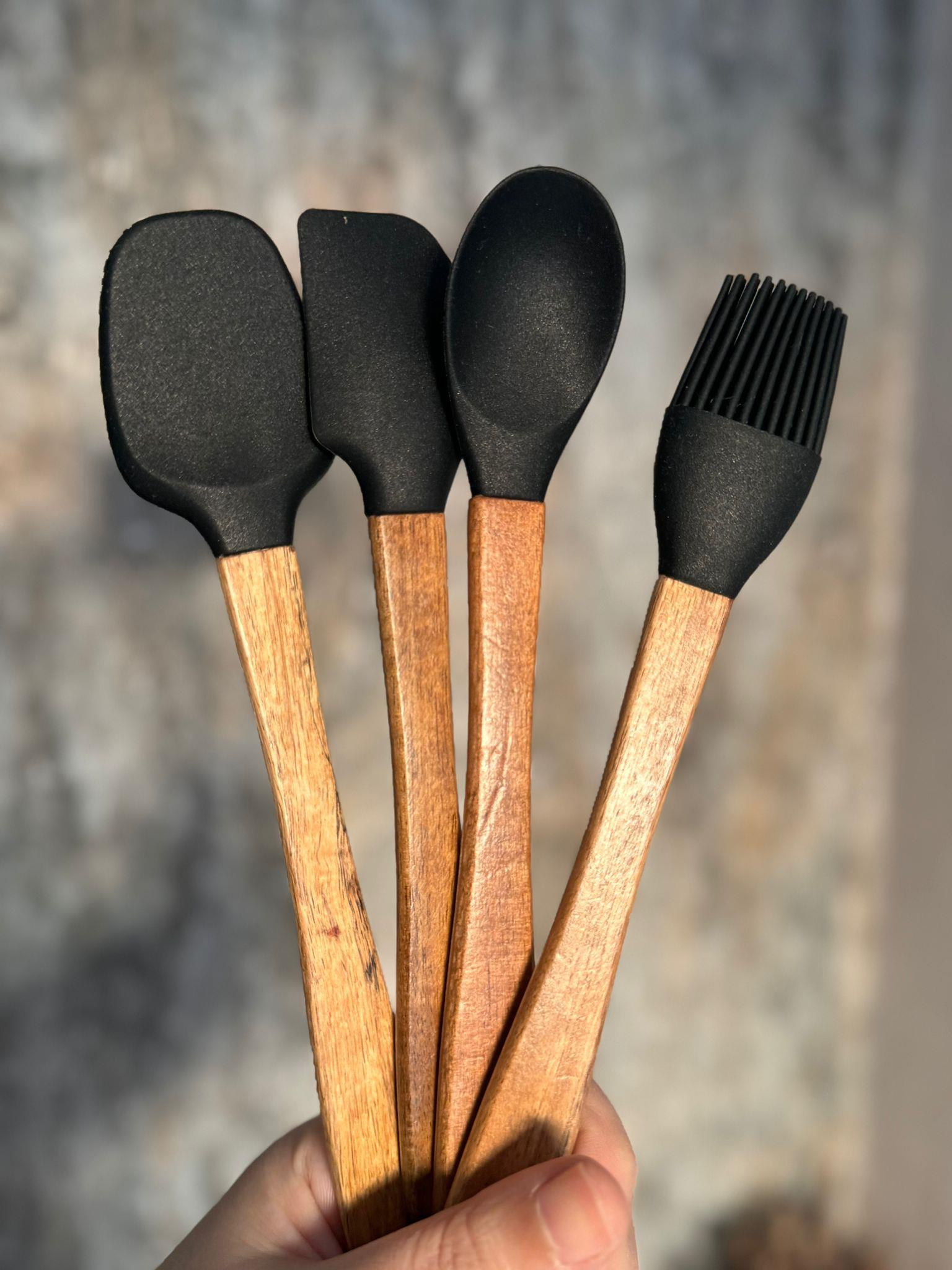 Akasya Saplı 4 Lü Mini Spatula Seti / Siyah