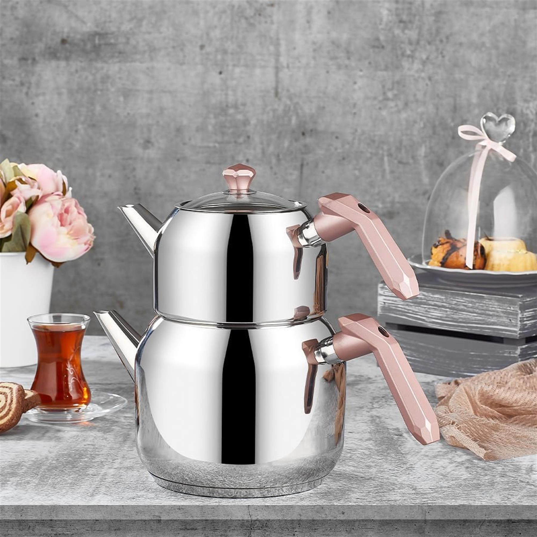 Amboss Opal Çelik Çaydanlık Seti - Büyük Boy Pembe