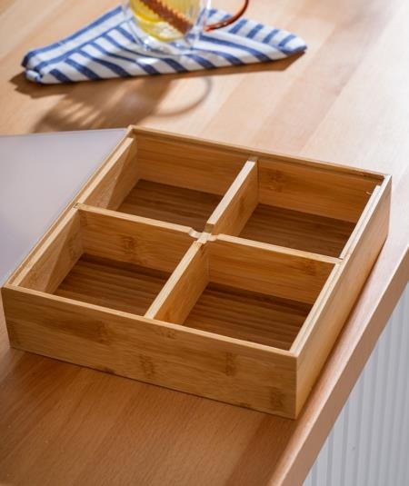 Bambu 4 Bölmeli Kare Kapaklı Sunumluk & Çerezlik