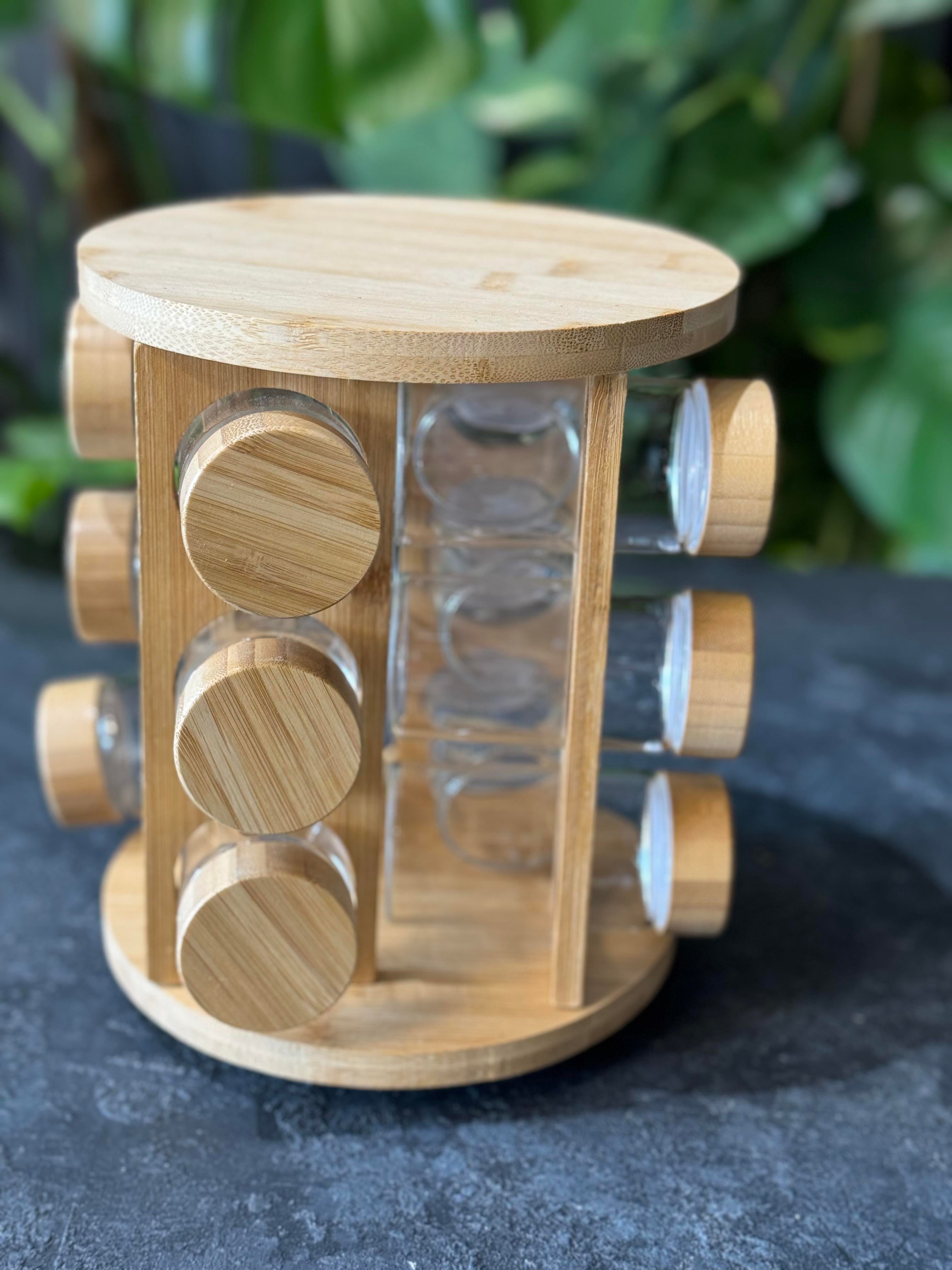 Bambu Döner Stantlı 12 Li Borosilikat Cam Baharatlık Seti