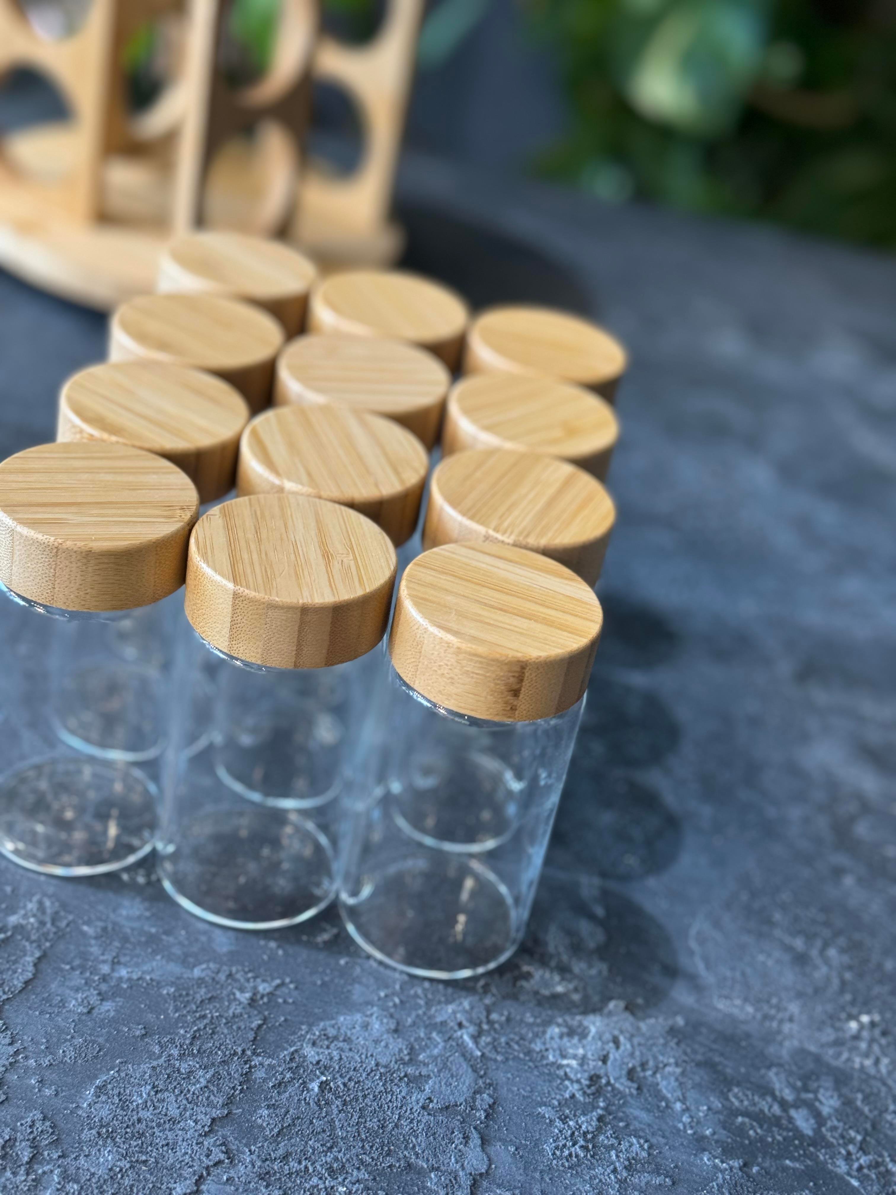 Bambu Döner Stantlı 12 Li Borosilikat Cam Baharatlık Seti