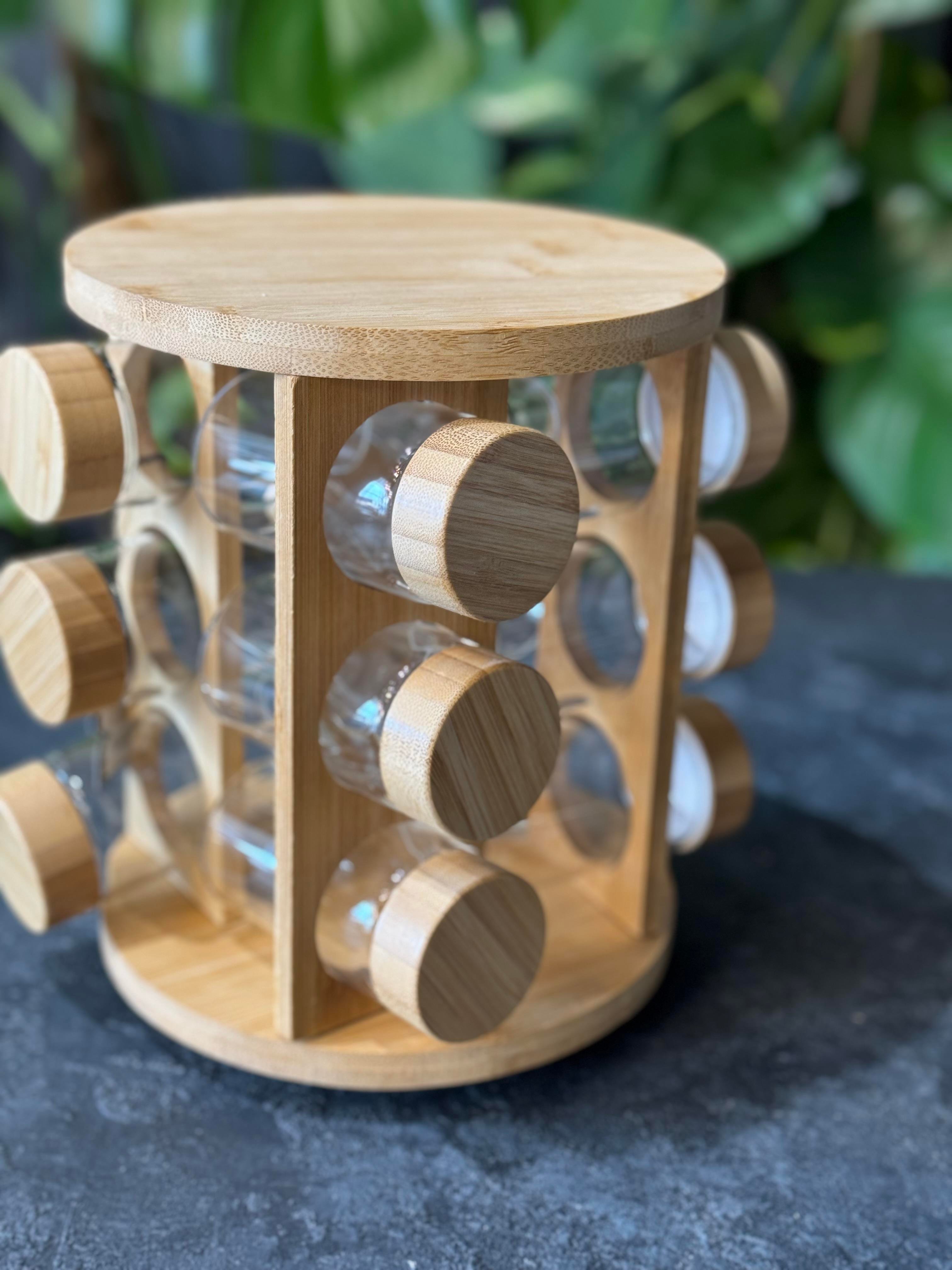 Bambu Döner Stantlı 12 Li Borosilikat Cam Baharatlık Seti