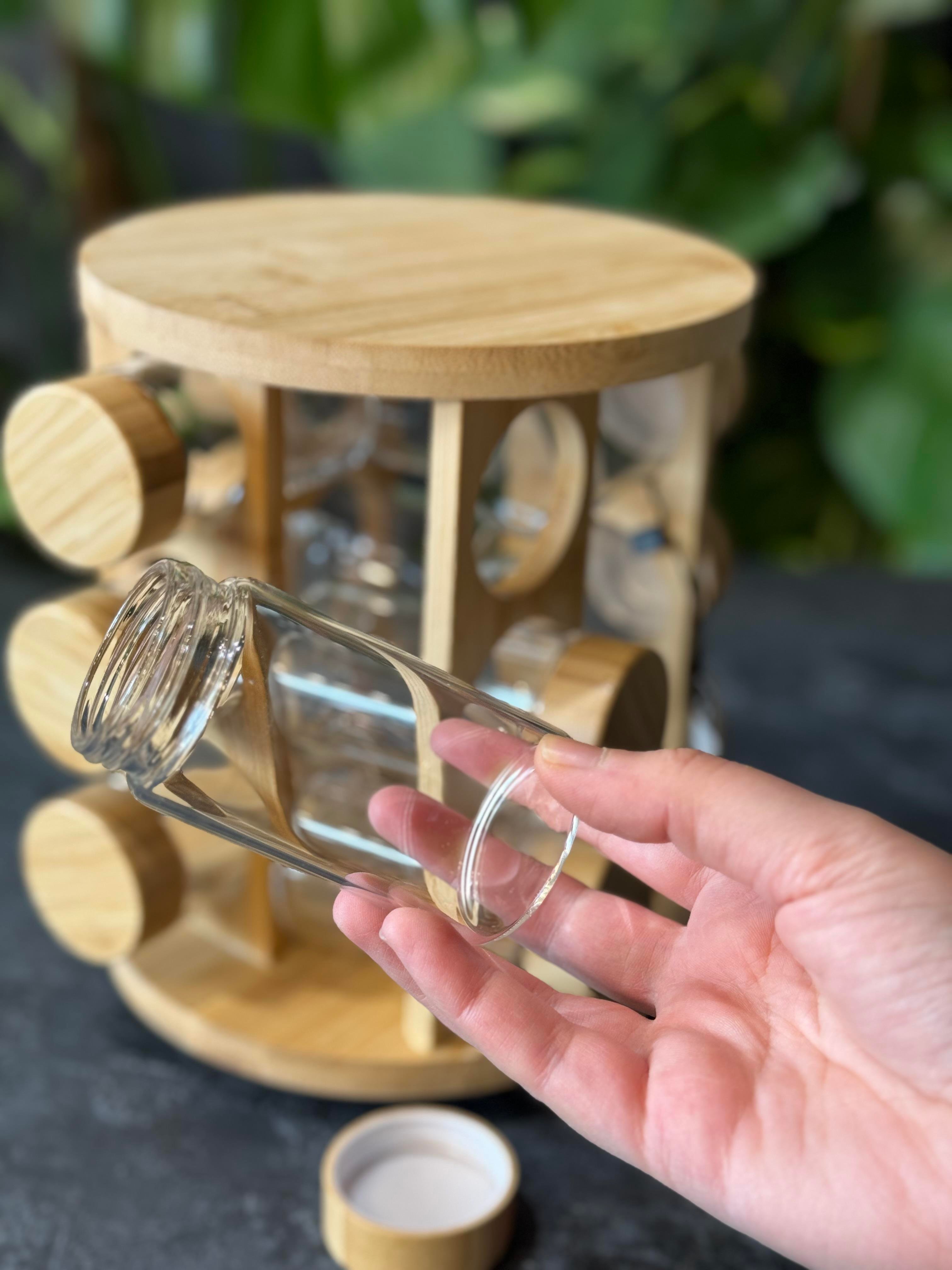 Bambu Döner Stantlı 12 Li Borosilikat Cam Baharatlık Seti