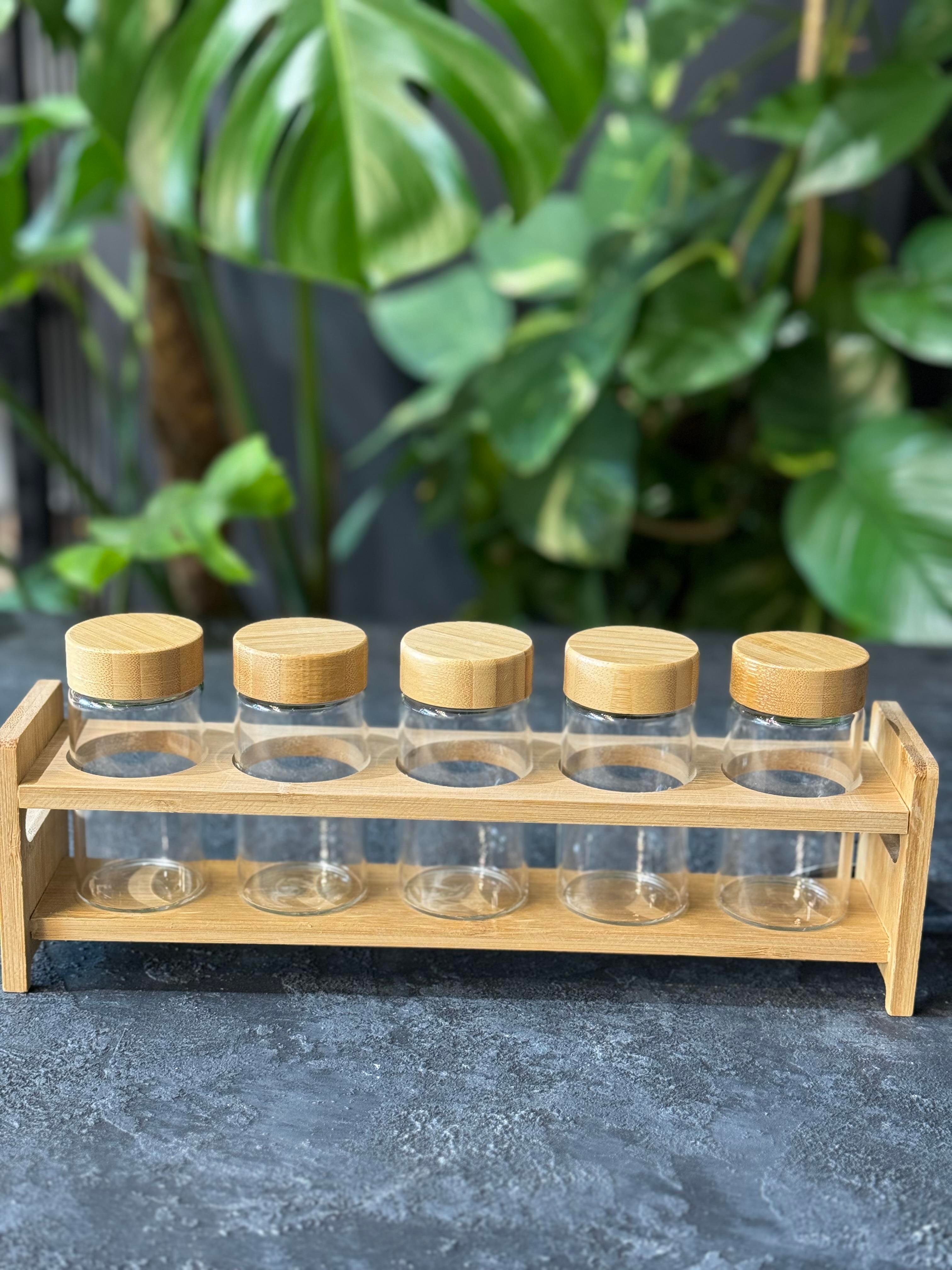 Bambu Stantlı 5 Li Borosilikat Cam Baharatlık Seti