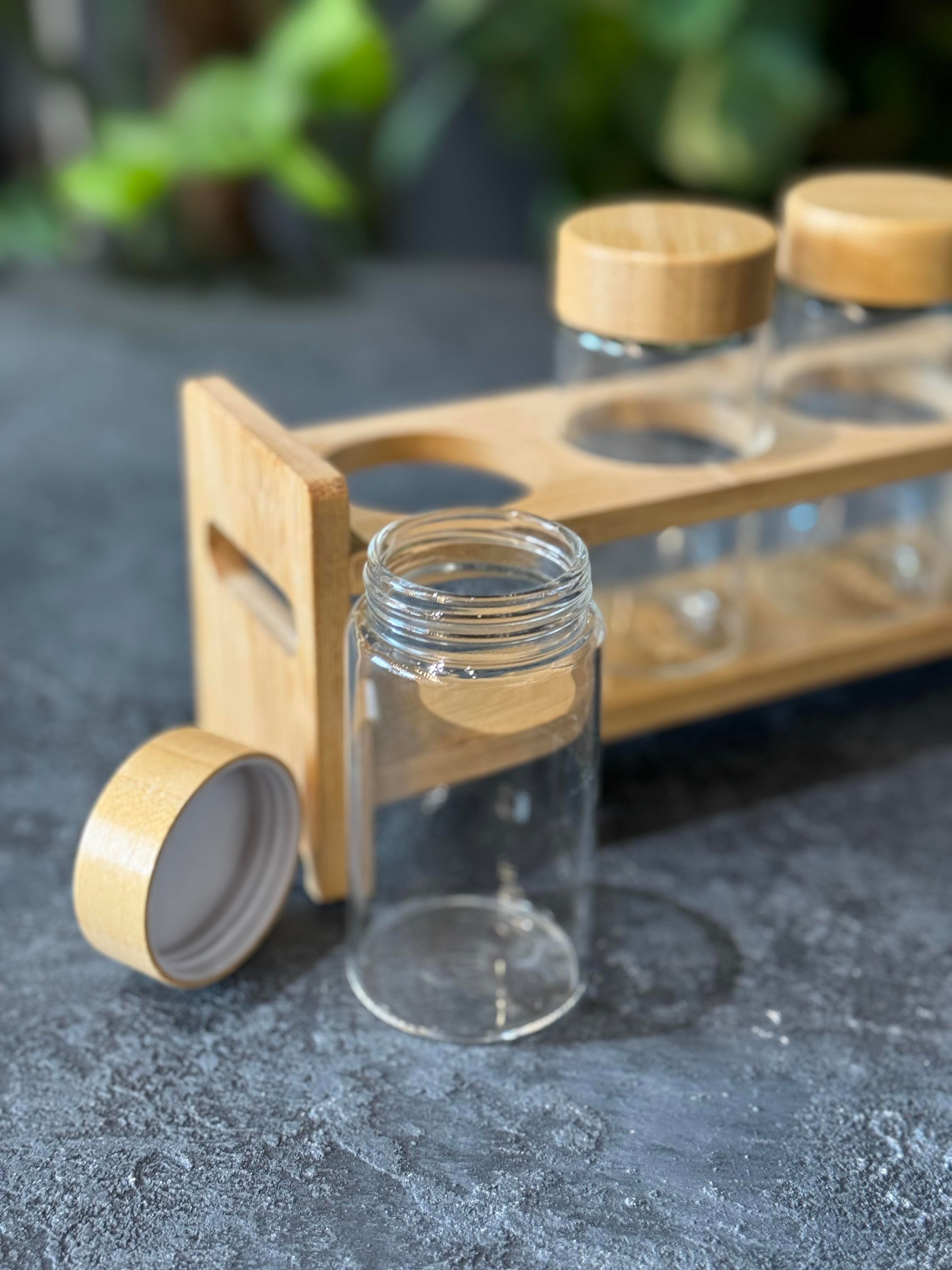 Bambu Stantlı 5 Li Borosilikat Cam Baharatlık Seti