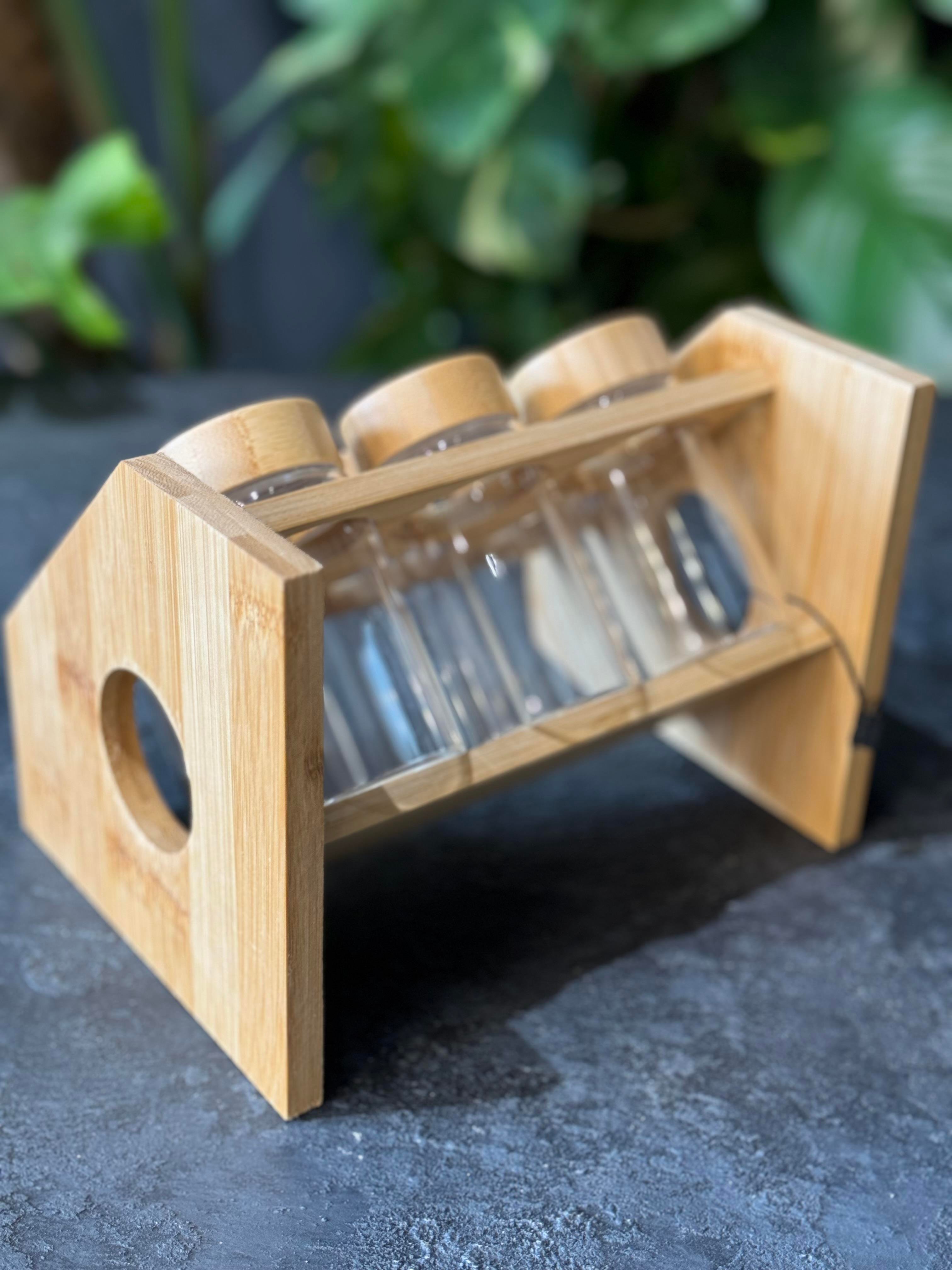 Bambu Stantlı 6 Lı Borosilikat Cam Baharatlık Seti