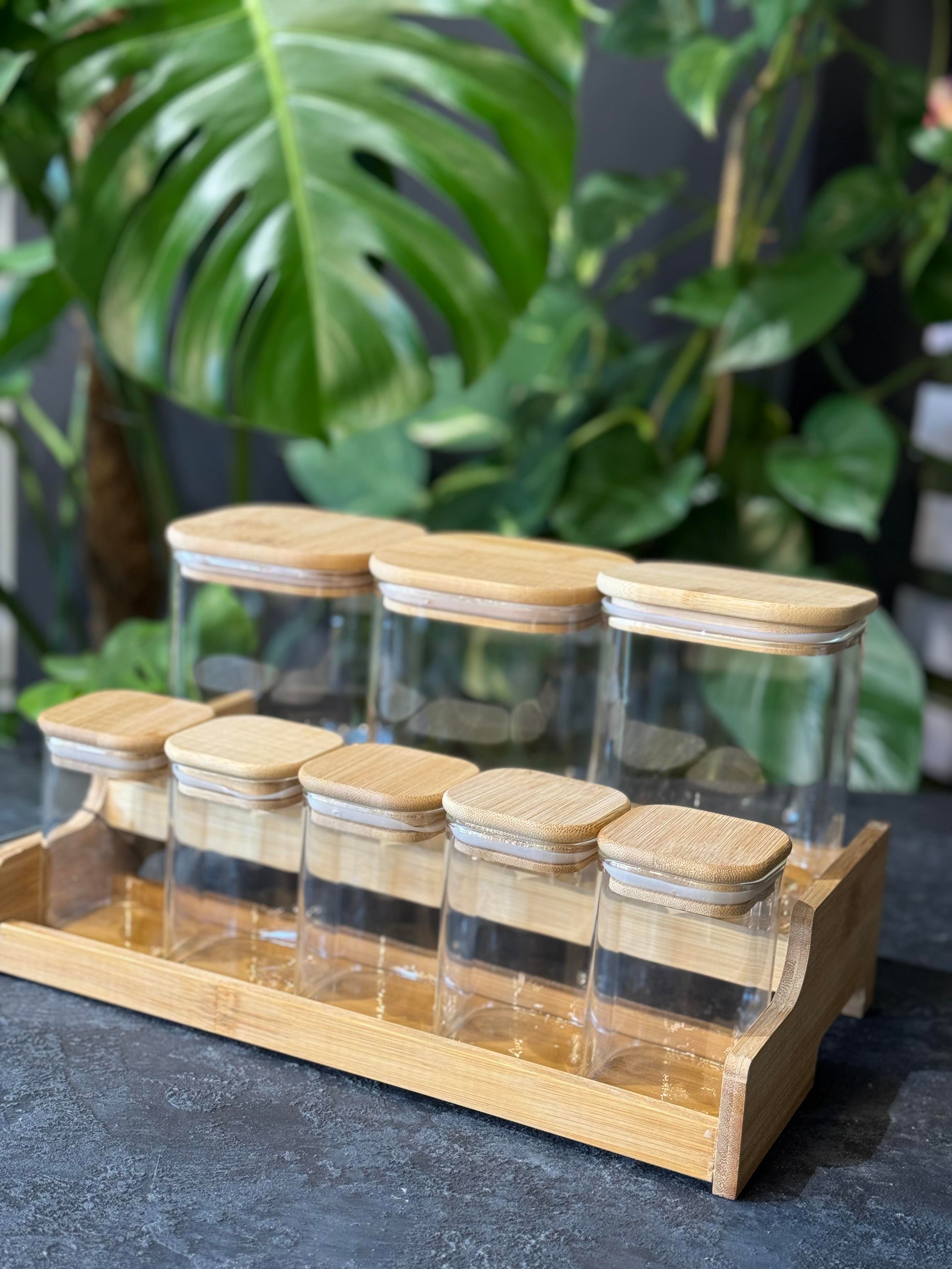 Bambu Stantlı 8 Li Borosilikat Cam Baharatlık Seti